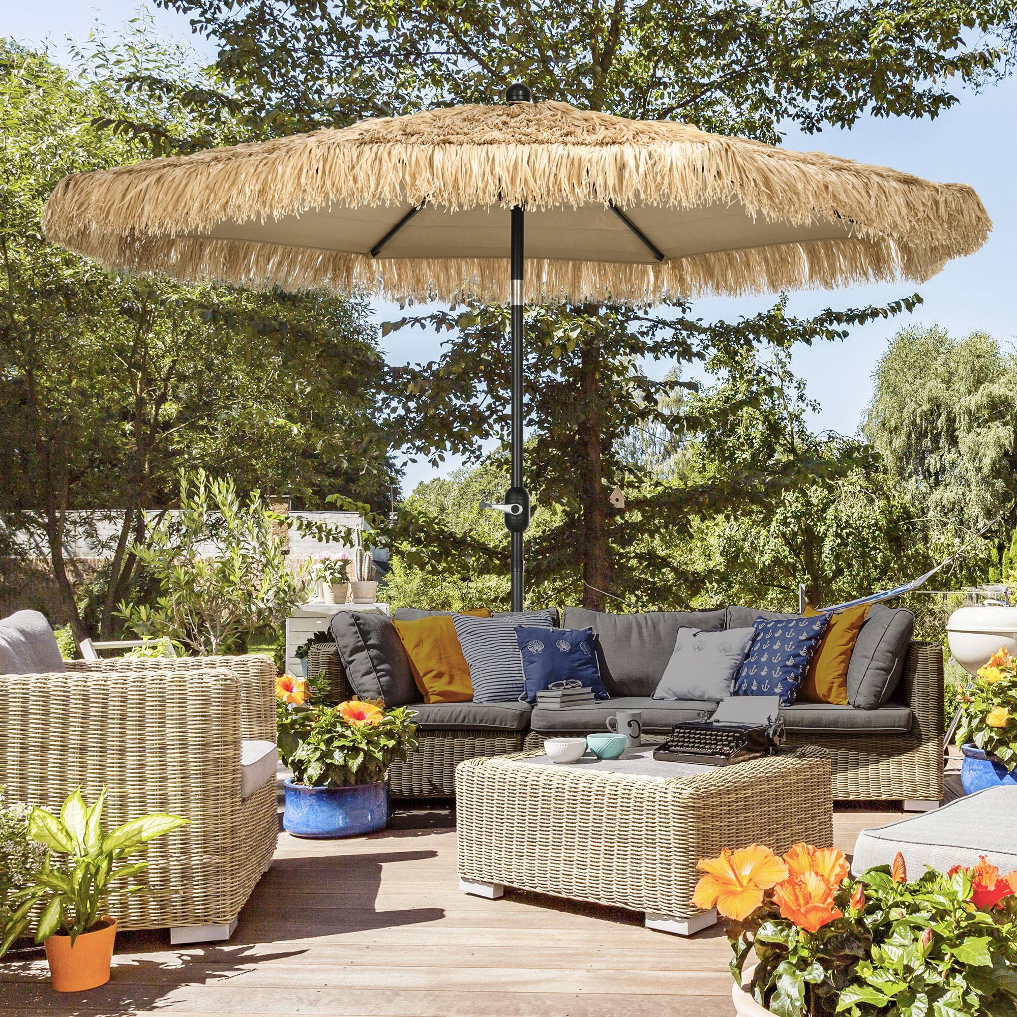 Parasol de jardin extérieur à franges parasol inclinable manivelle - 265x265x250cm Polyester Kaki fr251 - Image 4