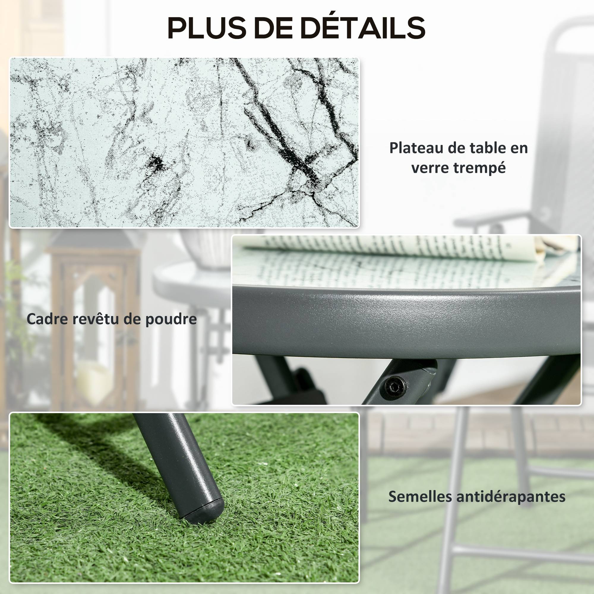 Table basse pliante table d'appoint pliante plateau effet marbre en verre trempé structure métal ronde Ø45 x 50 cm blanc - Image 9