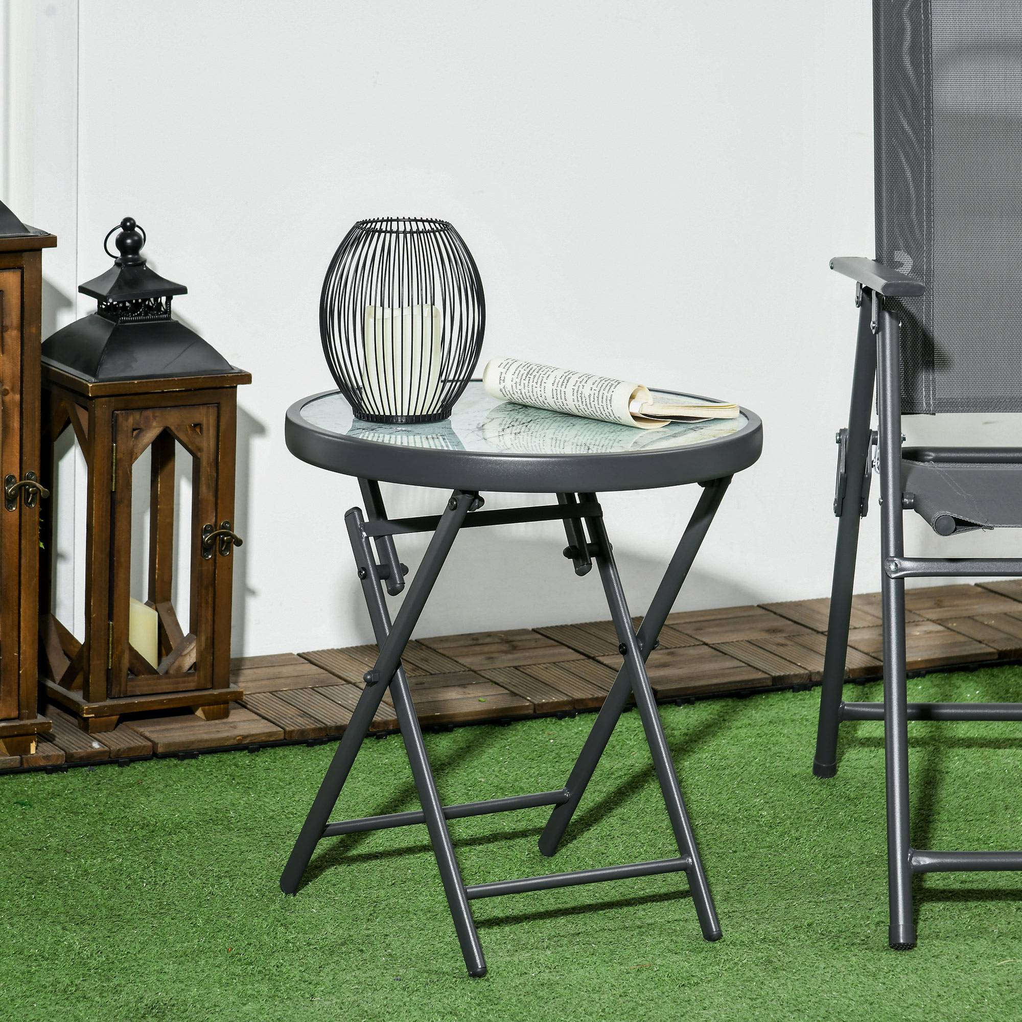 Table basse pliante table d'appoint pliante plateau effet marbre en verre trempé structure métal ronde Ø45 x 50 cm blanc - Image 3