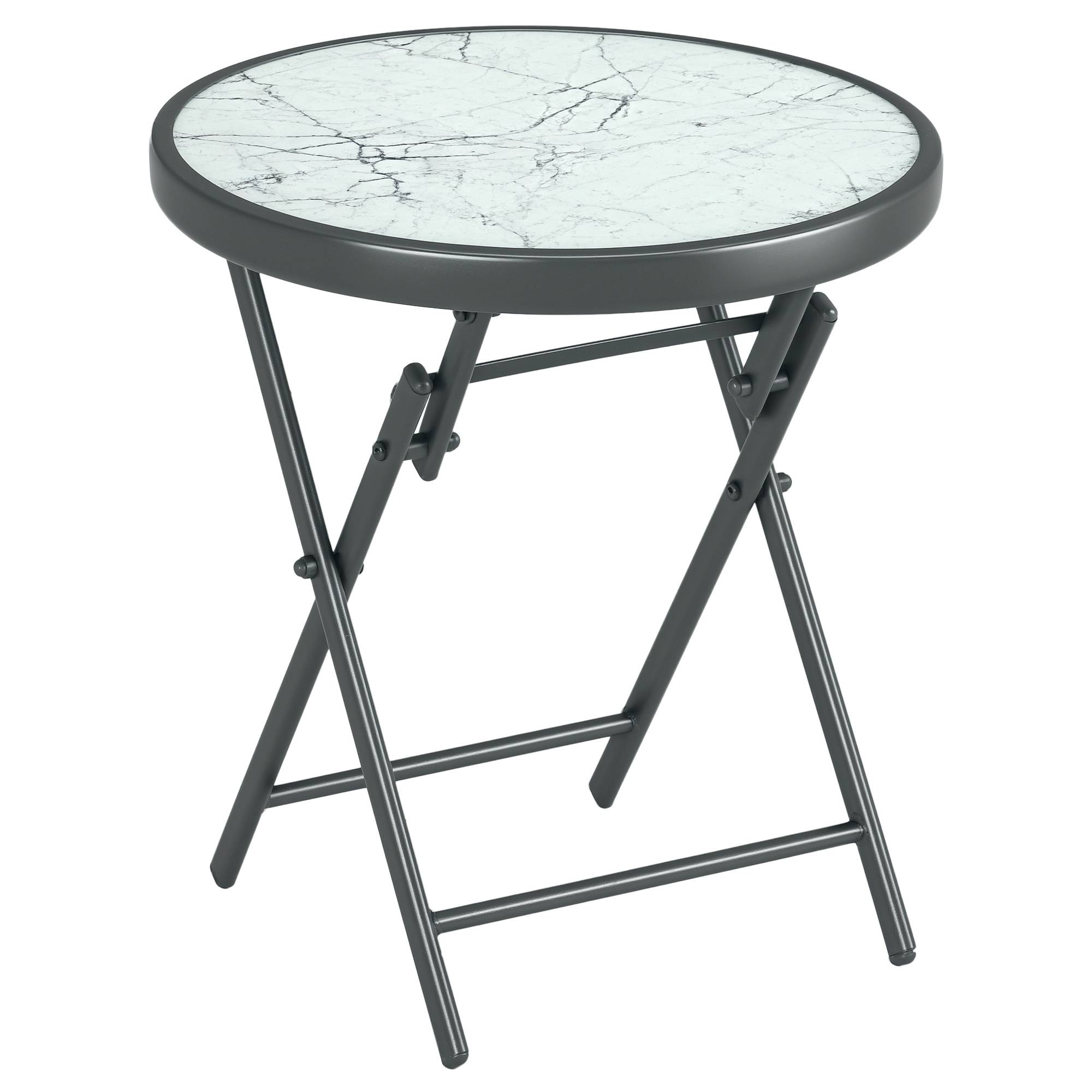 Table basse pliante table d'appoint pliante plateau effet marbre en verre trempé structure métal ronde Ø45 x 50 cm blanc - Image 1