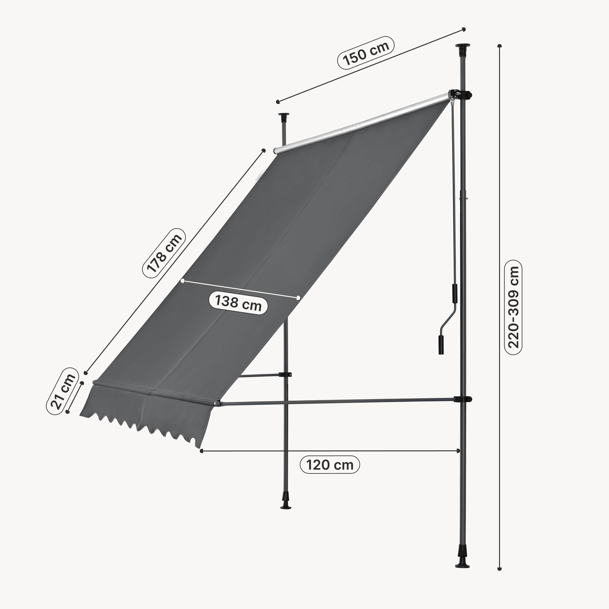 Pro.Tec - Store Banne Manuel Auvent Téléscopique 150 x 120 x 220-309 cm Gris [pro.tec] - Image 3