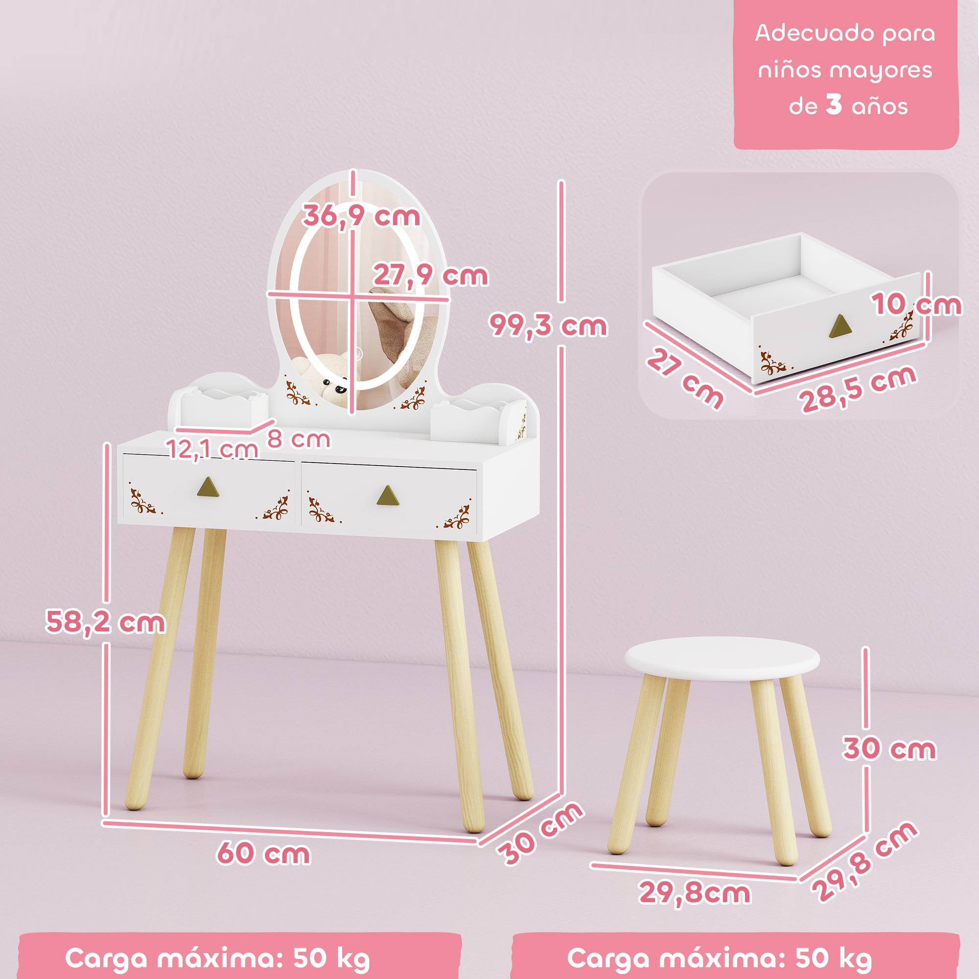 Sans Marque - Coiffeuse pour filles avec éclairage LED tricolore, tabouret, miroir, 2 tiroirs et 2 boîtes de rangement - Blanche - Image 5