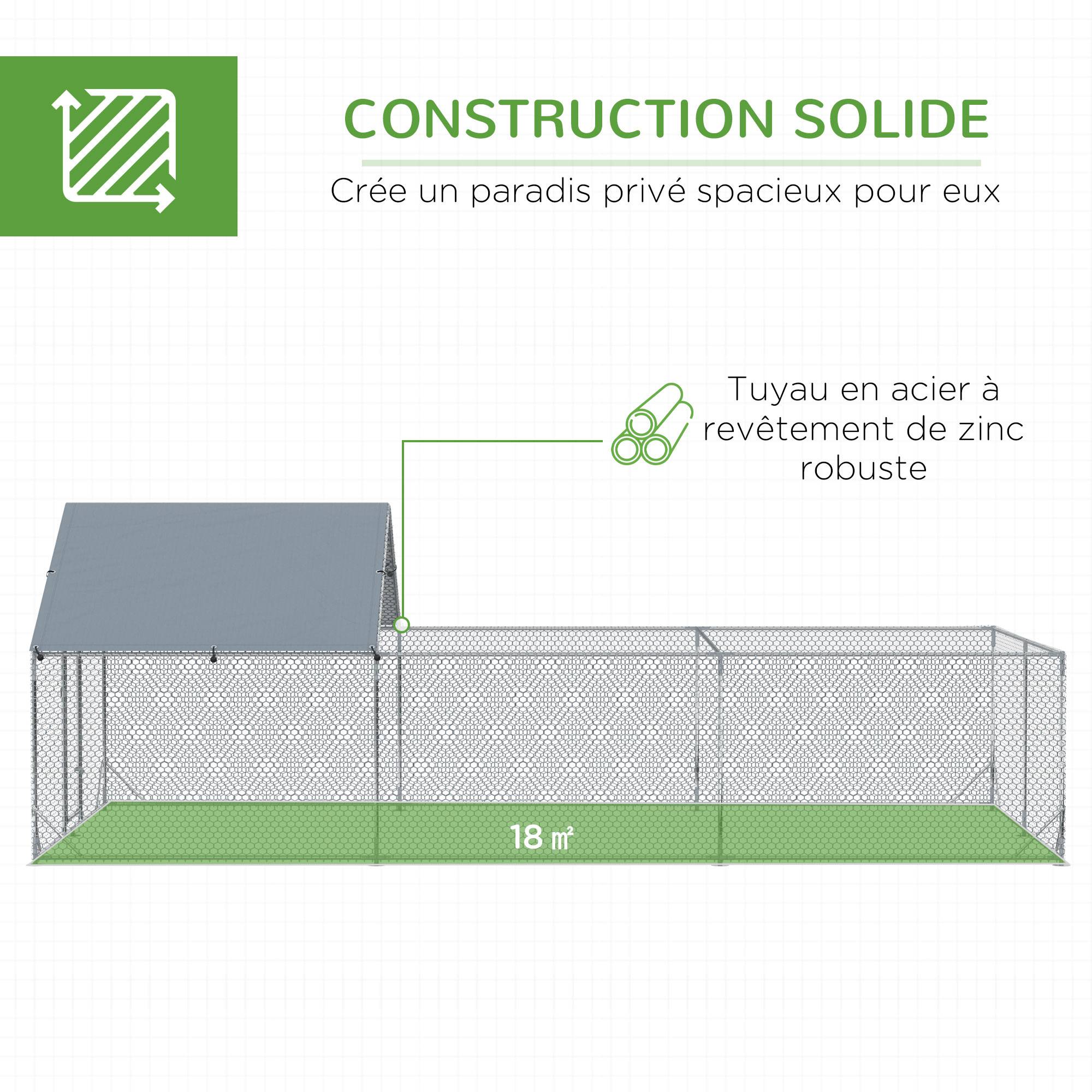 Enclos poulailler parc grillagé extérieur 18 m² chenil volière espace couvert acier galvanisé 6 x 3 x 1,95 m - Image 6