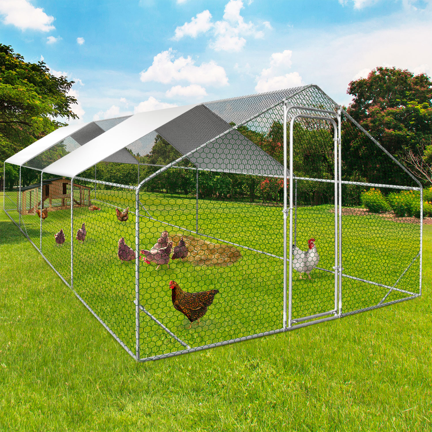 Enclos poulailler 24 m² grillagé 8×3 m en acier galvanisé avec porte sécurisée – ID Market - Image 1