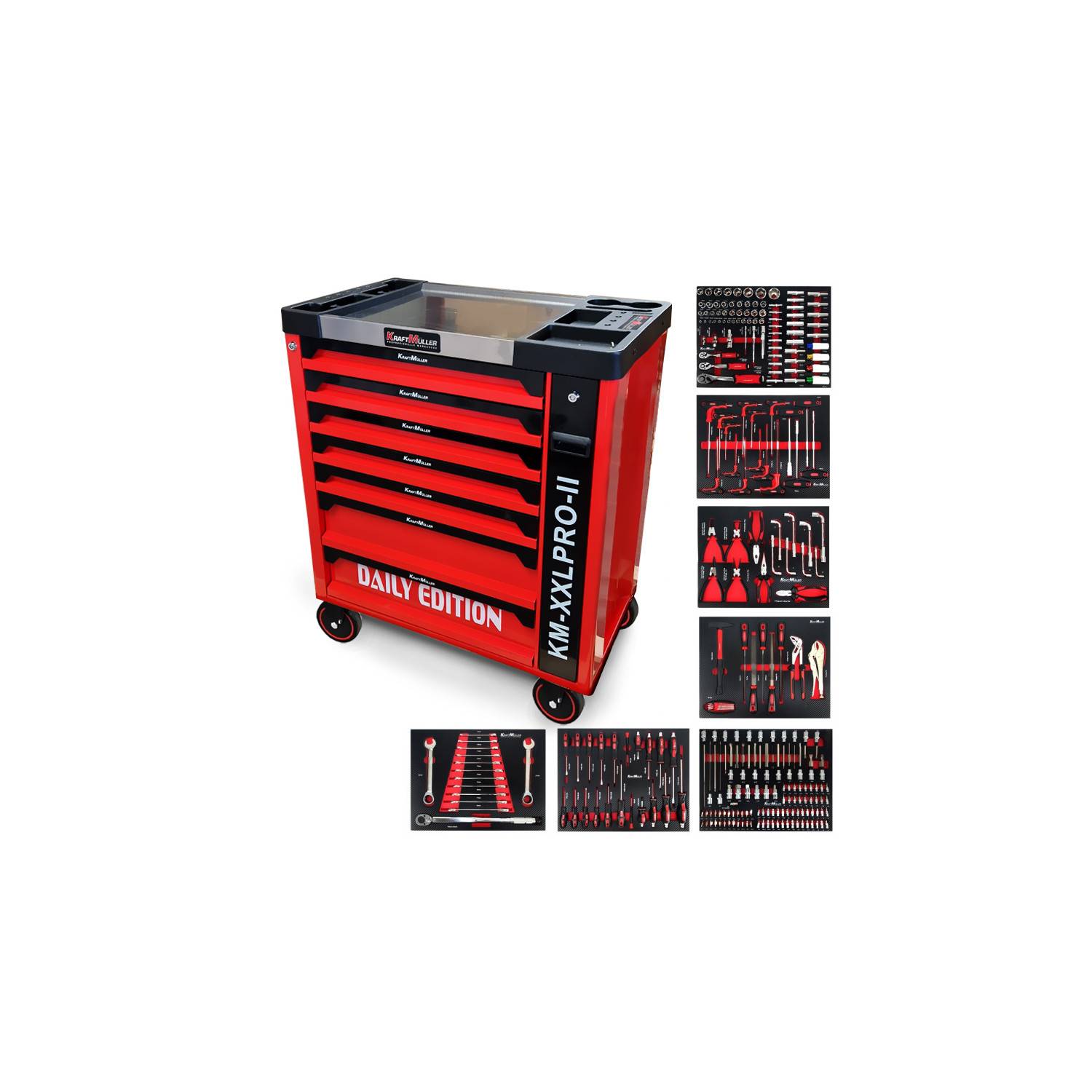 Servante d'atelier Kraft Muller KM-XXL PRO II Daily Edition 257 outils - Clé dynamo - 7 tiroirs outillés sur Roulettes, Chariot - Image 1