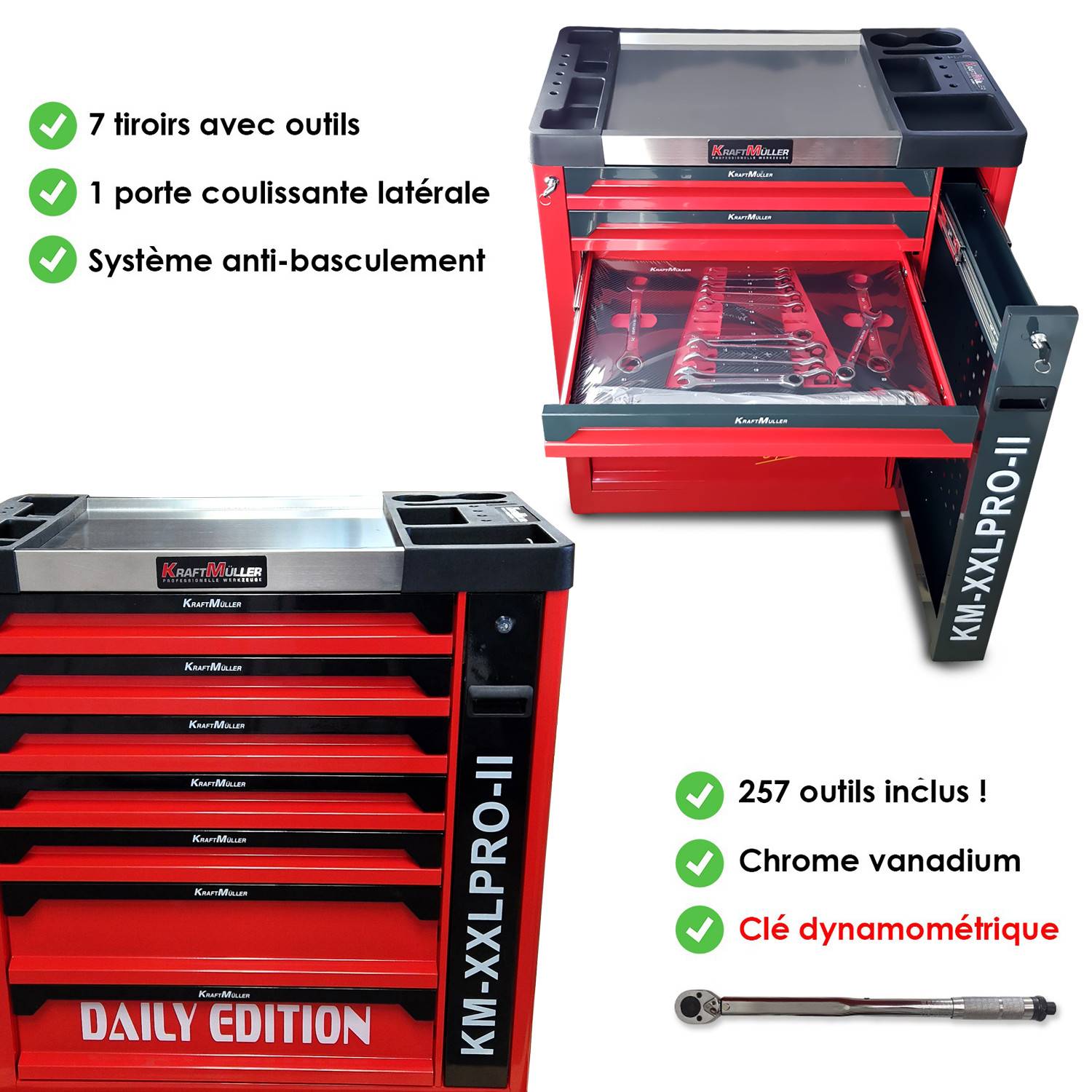 Servante d'atelier Kraft Muller KM-XXL PRO II Daily Edition 257 outils - Clé dynamo - 7 tiroirs outillés sur Roulettes, Chariot - Image 2