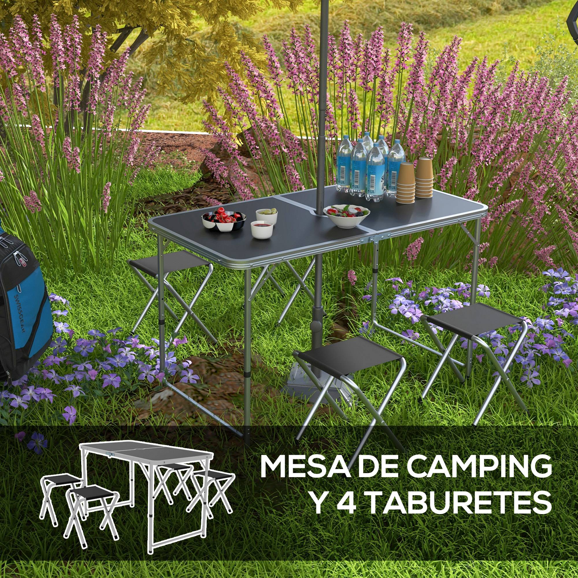 ComfortXL - Ensemble de camping en aluminium pour pique-nique table réglable et 4 tabourets pliants noir - ComfortXL Outdoor Living - Image 6