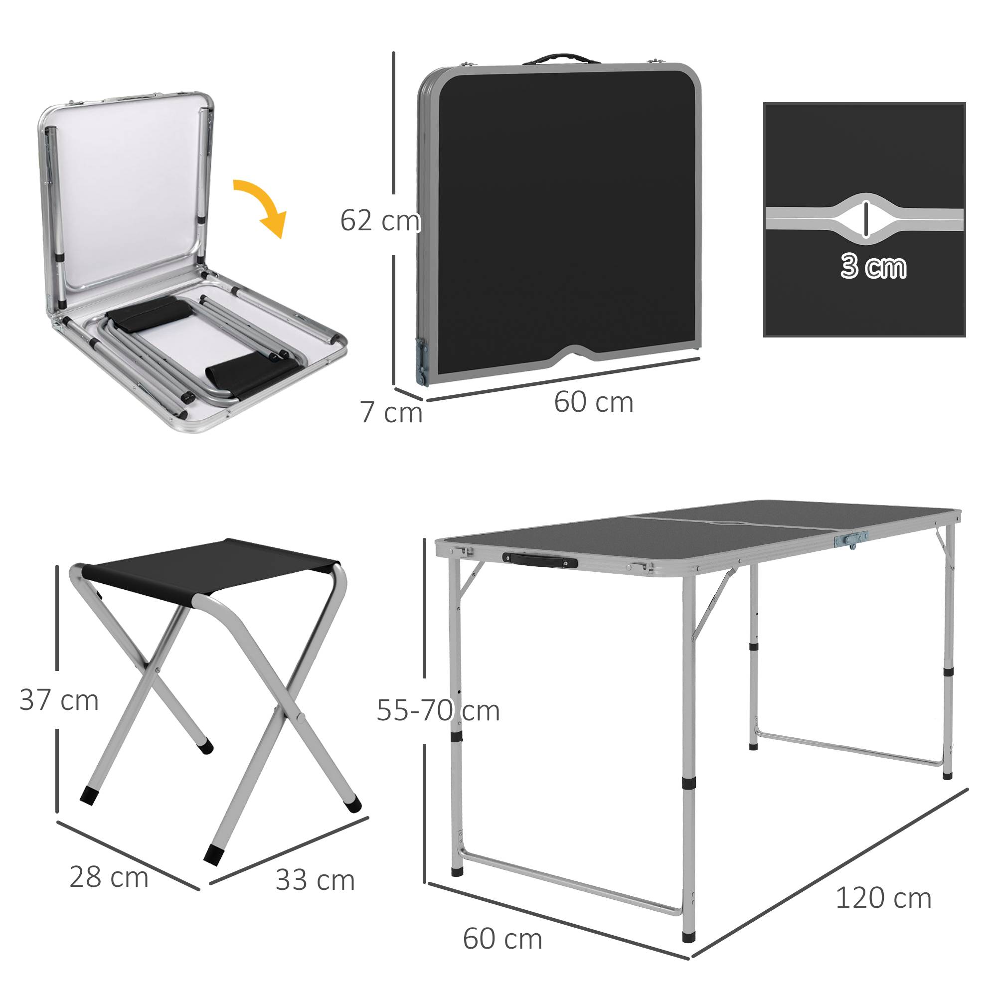 ComfortXL - Ensemble de camping en aluminium pour pique-nique table réglable et 4 tabourets pliants noir - ComfortXL Outdoor Living - Image 5