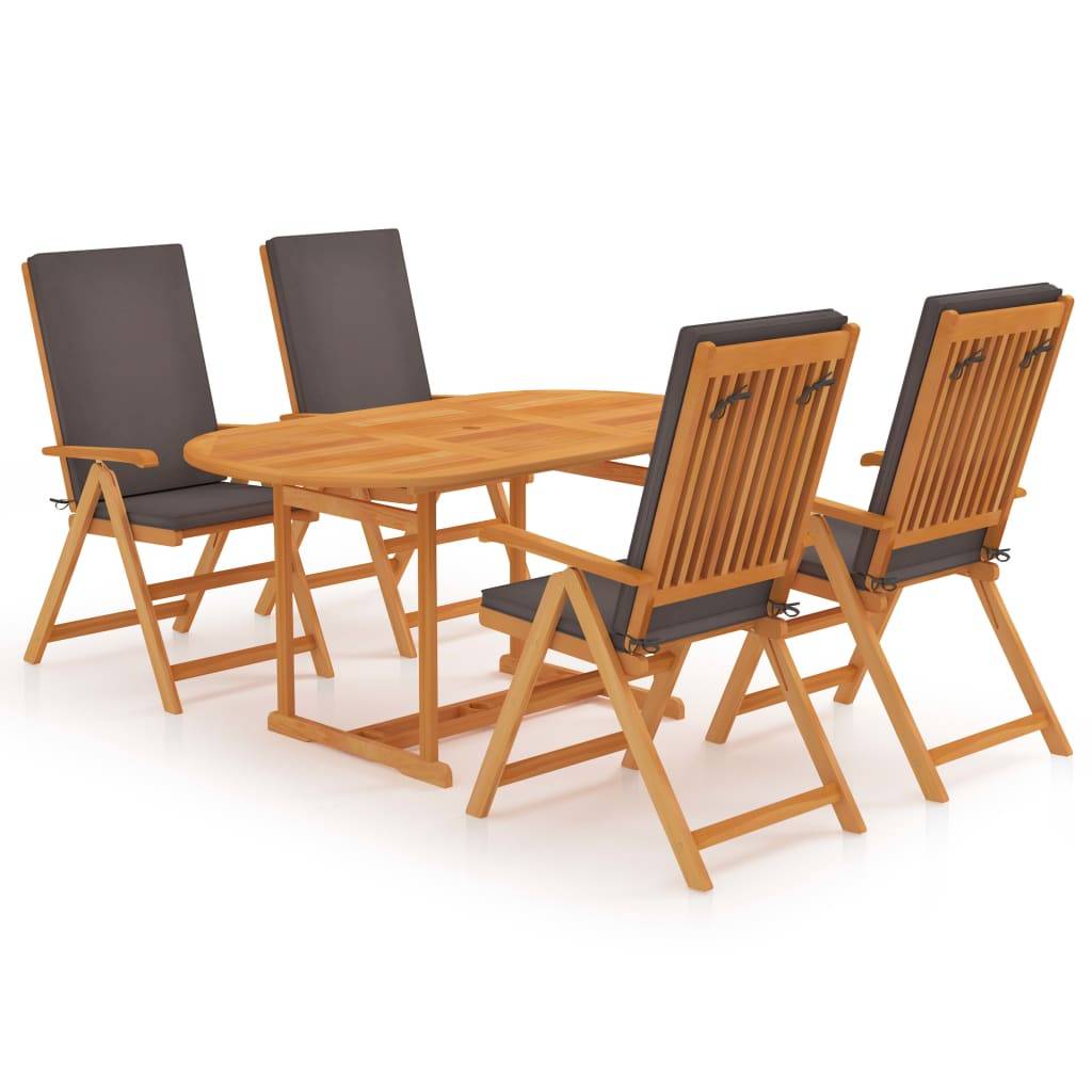 Salon de jardin meuble d'extérieur ensemble de mobilier 5 pièces avec coussins gris bois de teck massif - Image 1