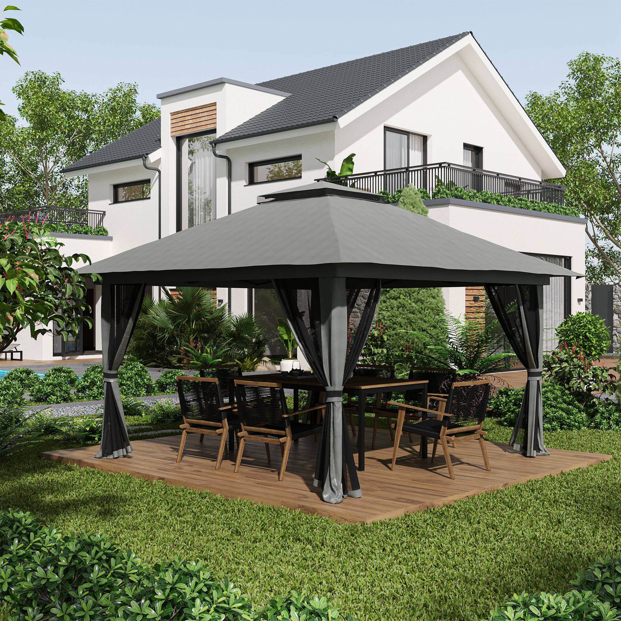 Tente grise pop-up 4x4x2,8 m avec UV50+, double toit et moustiquaires, abri design sobre pour jardin pratique et instantané - Image 3