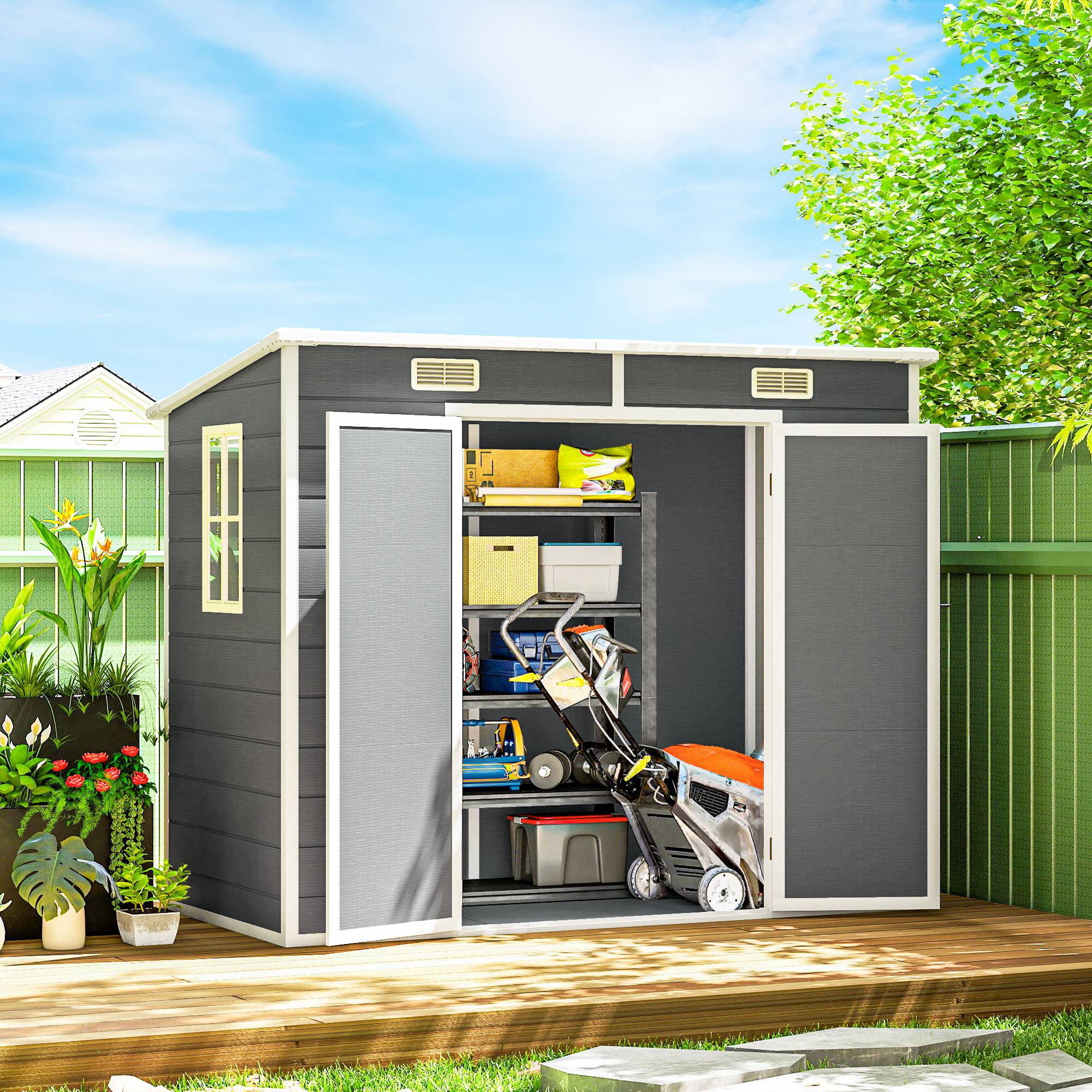 Abri de jardin plastique avec plancher 2,4x1,3 m fenêtre portes verrouillables rangement terrasse jardin gris - Image 4