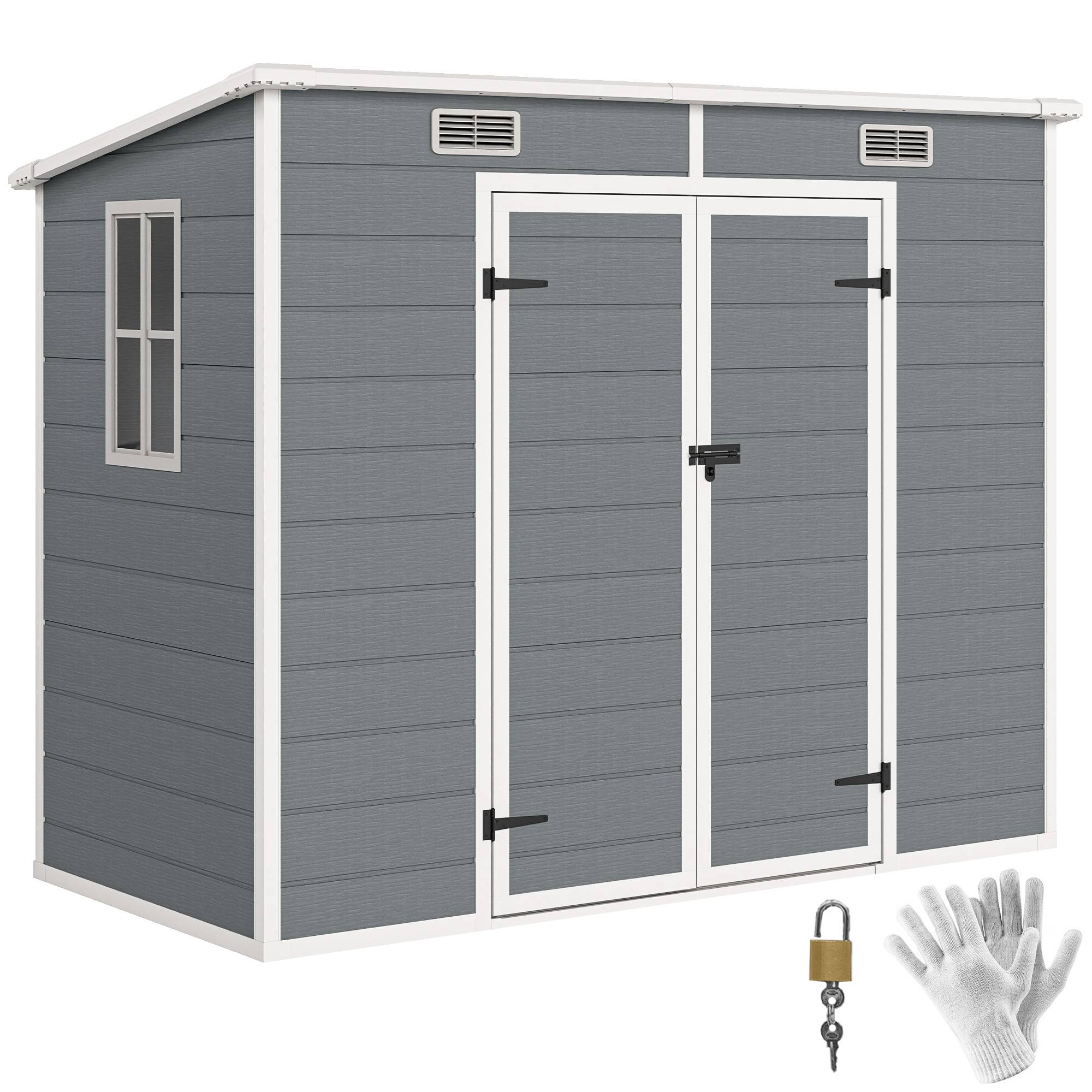 Abri de jardin plastique avec plancher 2,4x1,3 m fenêtre portes verrouillables rangement terrasse jardin gris - Image 1