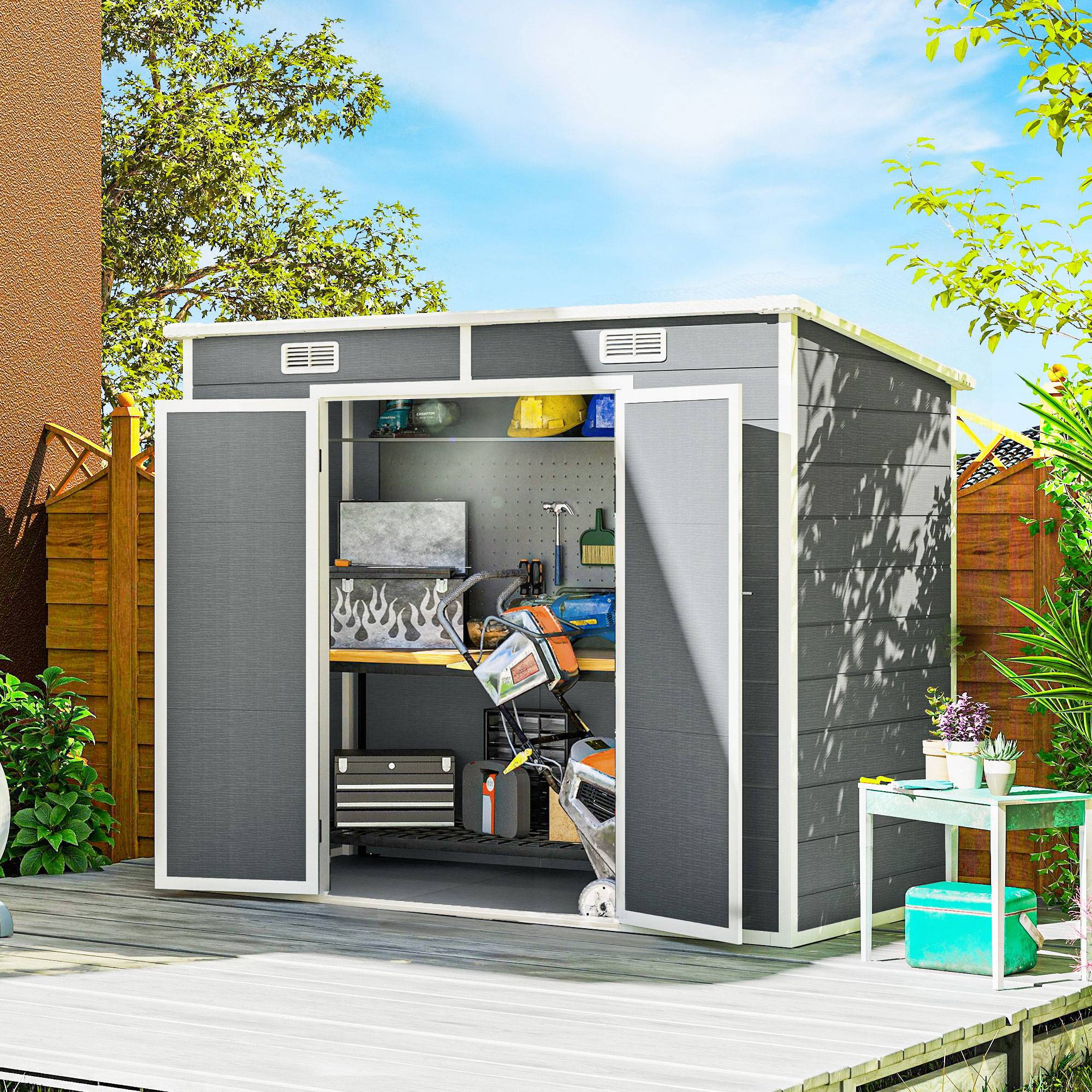 Abri de jardin plastique avec plancher 2,4x1,3 m fenêtre portes verrouillables rangement terrasse jardin gris - Image 3