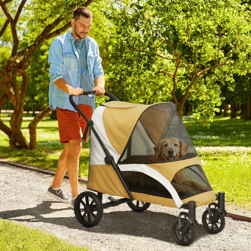 Poussette pliable pour grands chiens, chariot animal à 4 roues, laisses de sécurité, freins, marron - Image 2