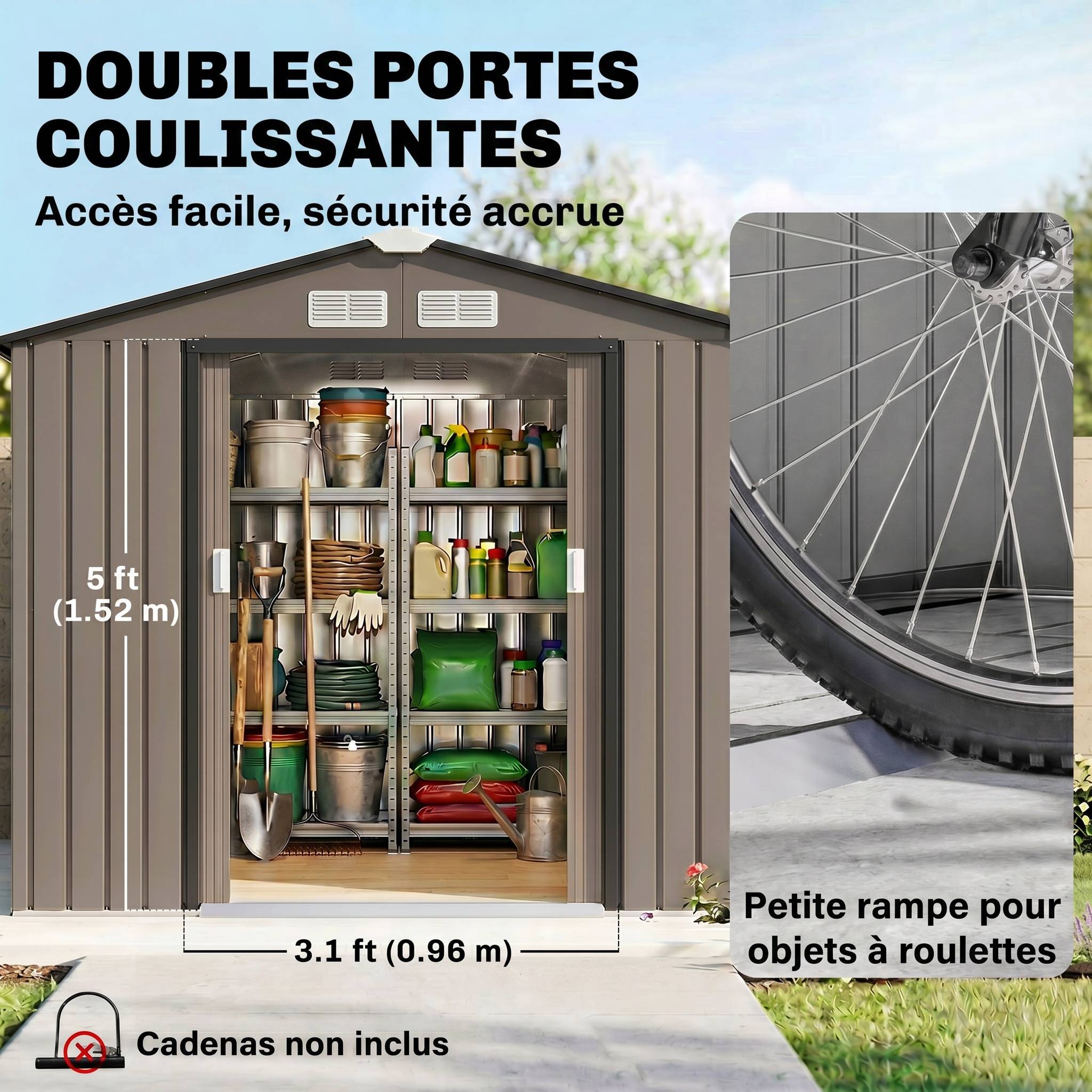 Abri de Jardin 2,77 m² cabane de jardin armoire de jardin Dim. 213L x 130l x 185H cm Porte coulissante Acier marron - Image 7