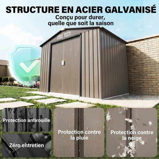 Abri de Jardin 2,77 m² cabane de jardin armoire de jardin Dim. 213L x 130l x 185H cm Porte coulissante Acier marron - Image 6