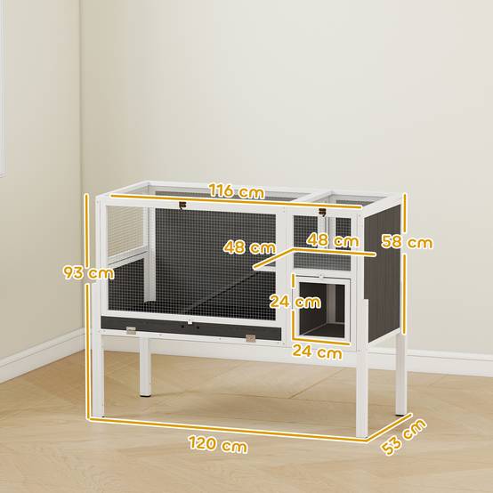 Cage surélevée d'intérieur pour lapins et hamsters, avec plateau amovible et toit ouvrant, grise - Image 5