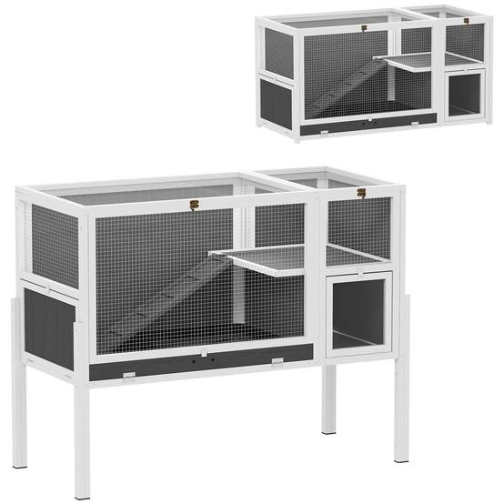 Cage surélevée d'intérieur pour lapins et hamsters, avec plateau amovible et toit ouvrant, grise - Image 1