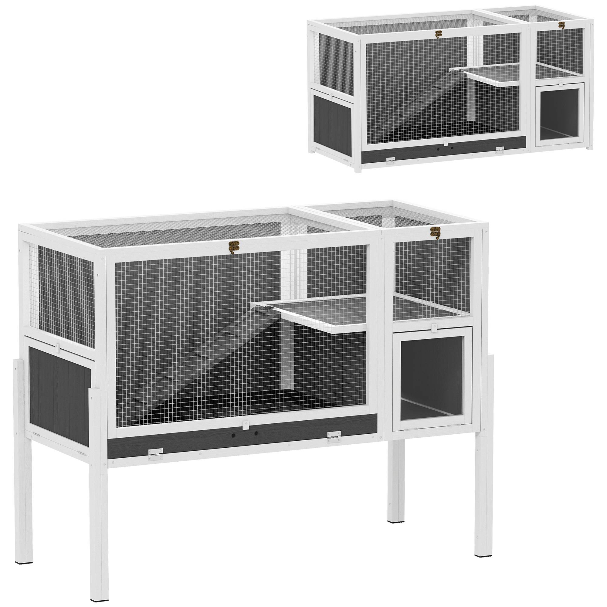 Cage surélevée d'intérieur pour lapins et hamsters, avec plateau amovible et toit ouvrant, grise - Image 1