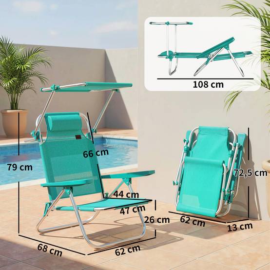 Chaise de plage pliante Aluminium Maille Jardin Auvent ajustable 68cm Bleu - ComfortXL Outdoor Living - Image 5
