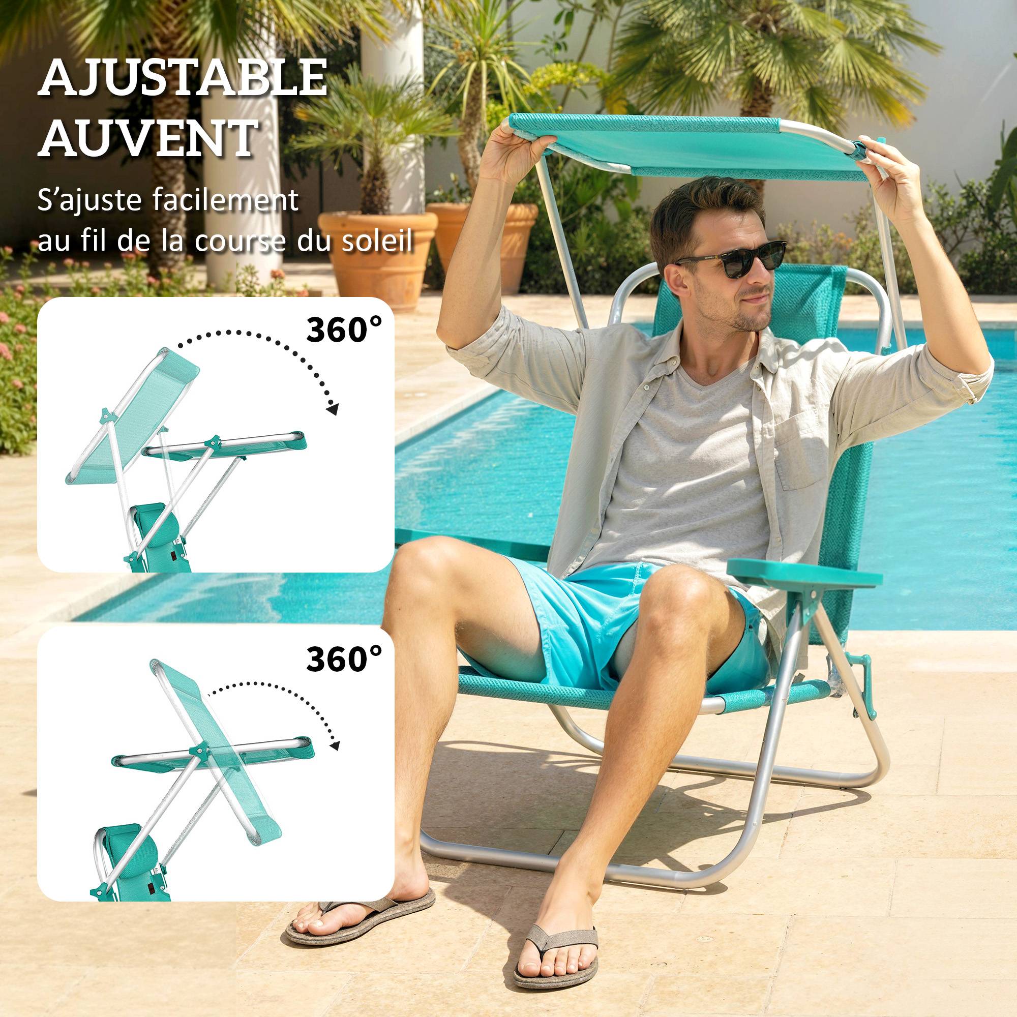 Chaise de plage pliante Aluminium Maille Jardin Auvent ajustable 68cm Bleu - ComfortXL Outdoor Living - Image 7