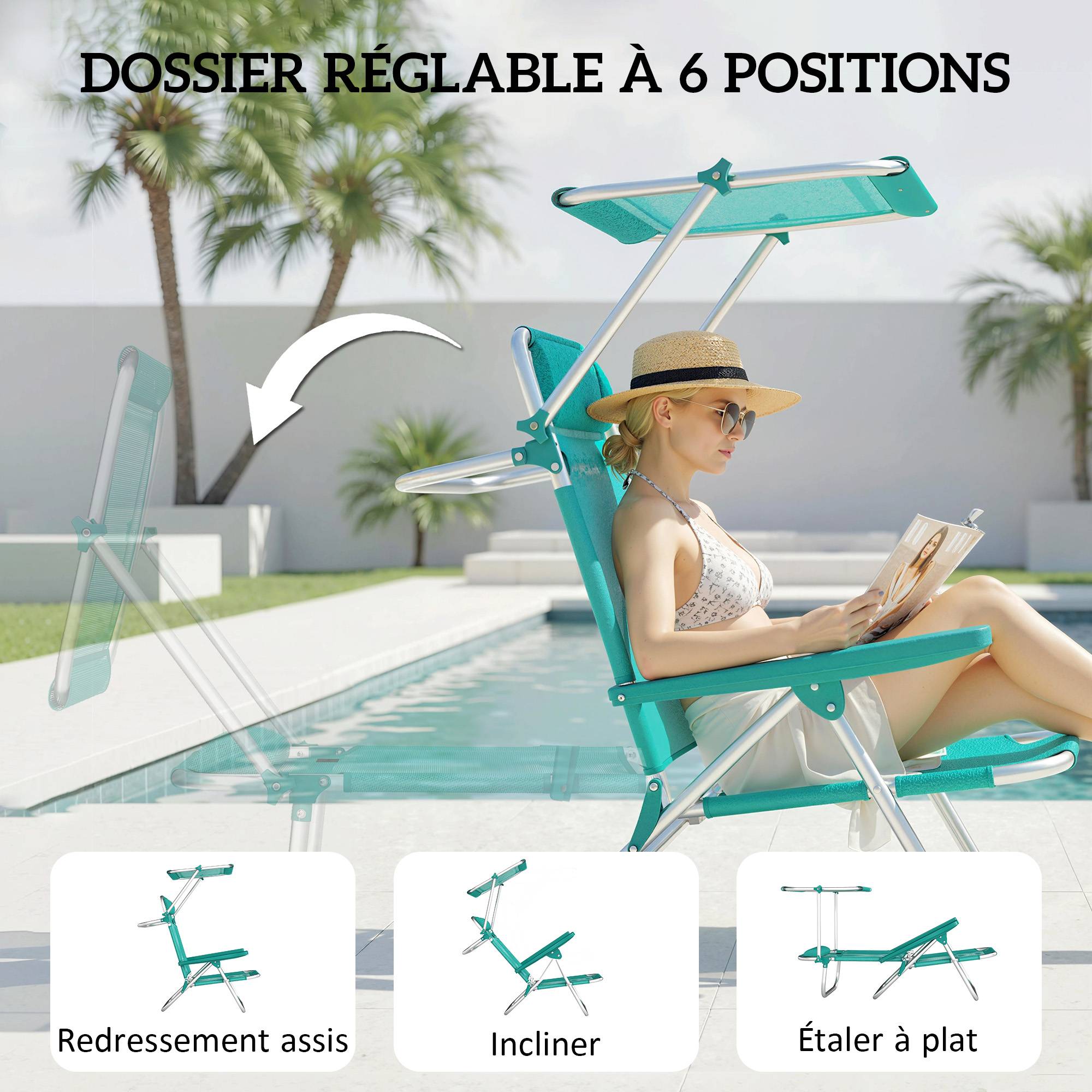 Chaise de plage pliante Aluminium Maille Jardin Auvent ajustable 68cm Bleu - ComfortXL Outdoor Living - Image 6