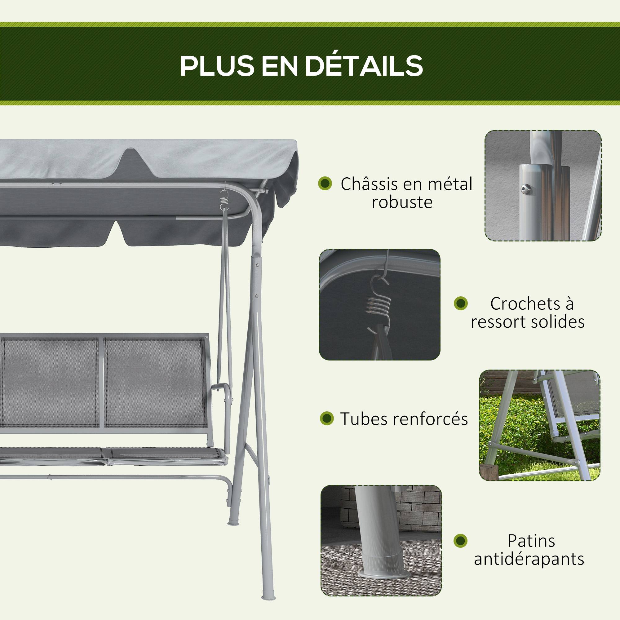Balancelle de Jardin 3 Places Grand Confort Toit imperméabilisé Inclinaison réglable Assise et Dossier Ergonomique Gris - Image 8