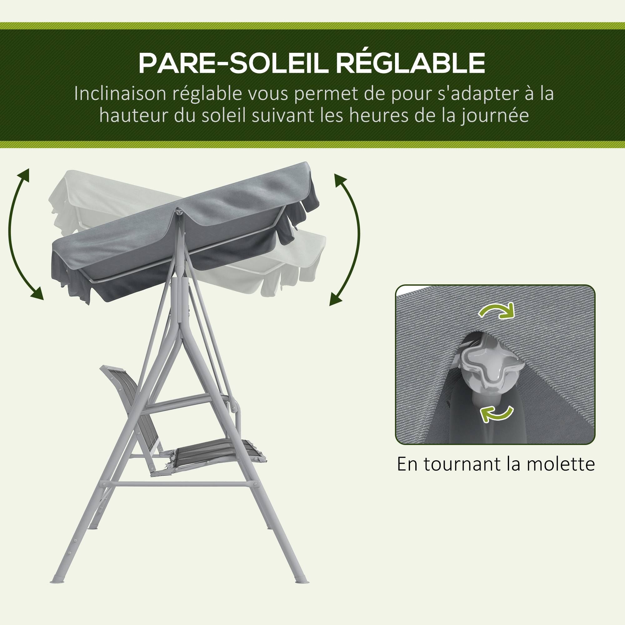 Balancelle de Jardin 3 Places Grand Confort Toit imperméabilisé Inclinaison réglable Assise et Dossier Ergonomique Gris - Image 6