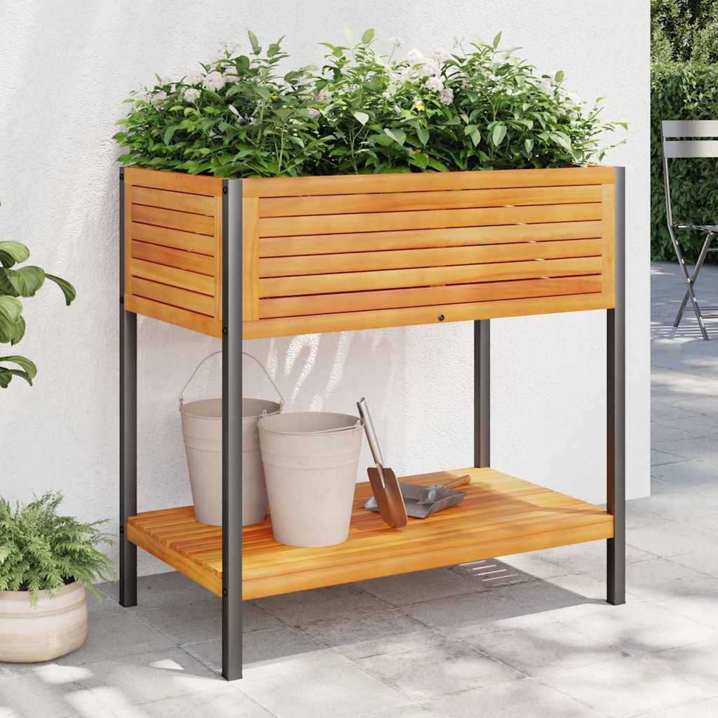 ComfortXL - Bac à fleurs bois acacia acier avec étagère aménagement balcon terrasse 80x80cm - ComfortXL Outdoor Living - Image 1