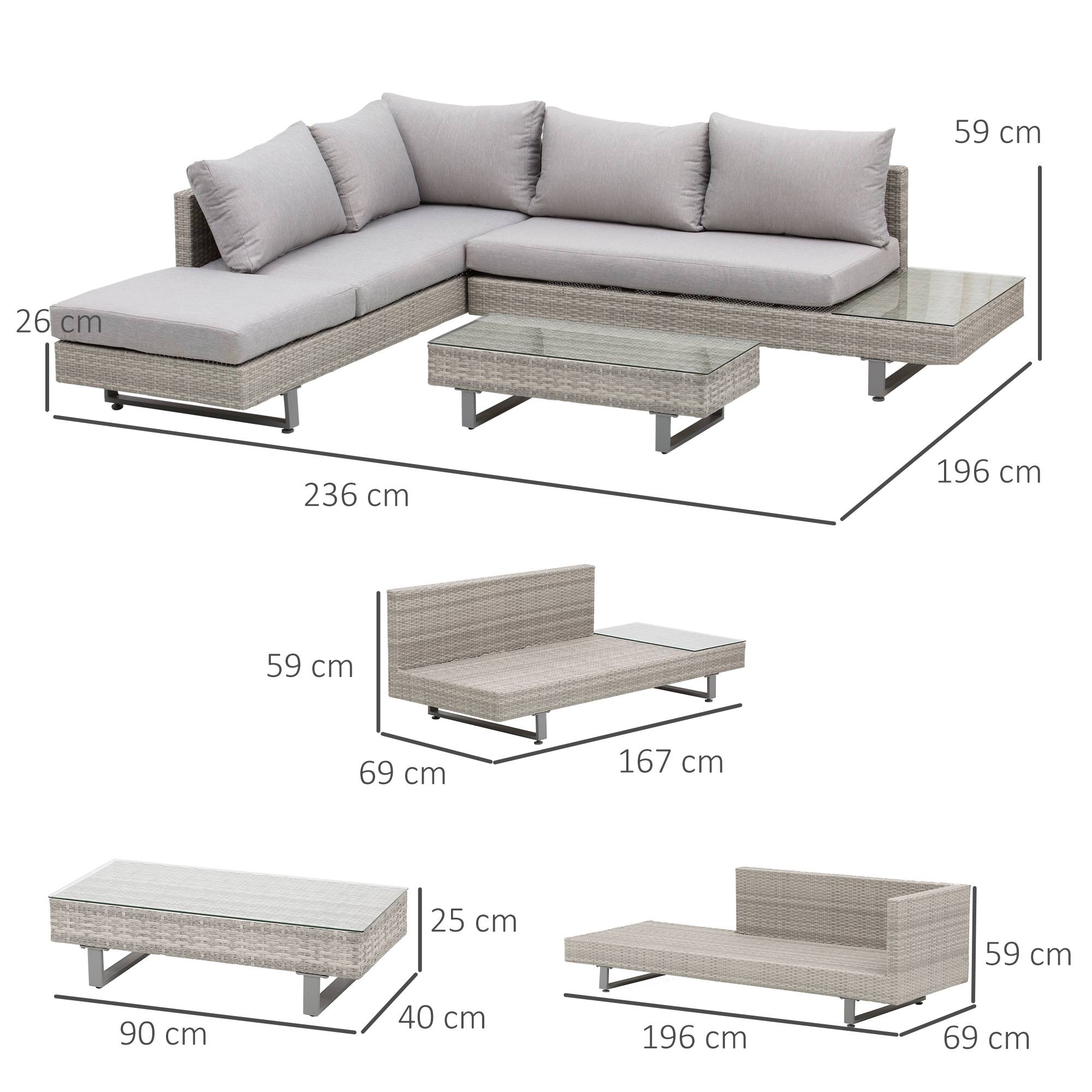 Salon de jardin extérieur d'angle 5 places design contemporain coussins déhoussables table basse acier époxy résine tressée grise - Image 5