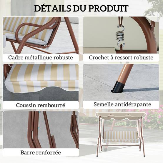 Outsunny - Balancelle de jardin 3 places coussins assise dossier beige blanc rayé - Outsunny - Image 8