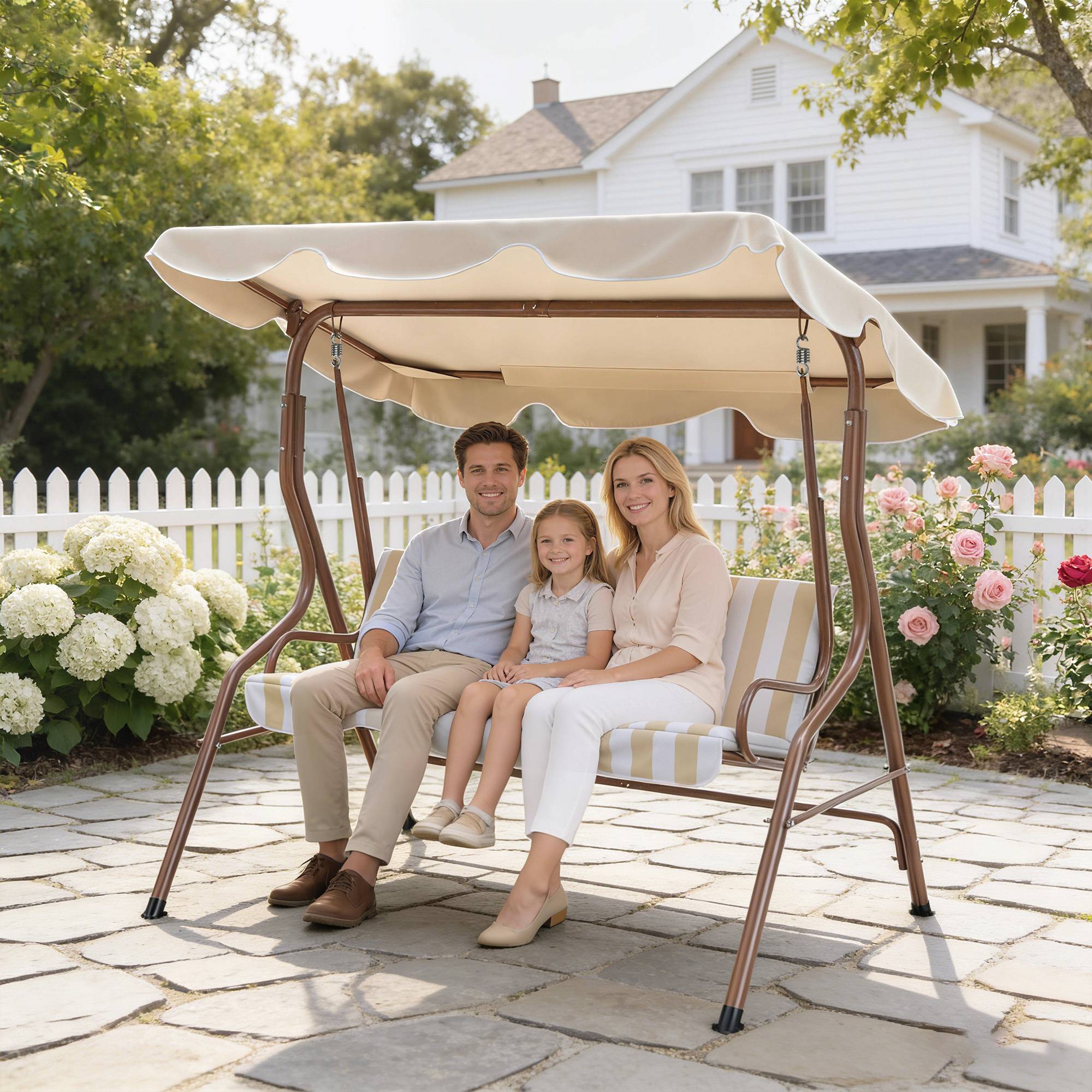 Outsunny - Balancelle de jardin 3 places coussins assise dossier beige blanc rayé - Outsunny - Image 2