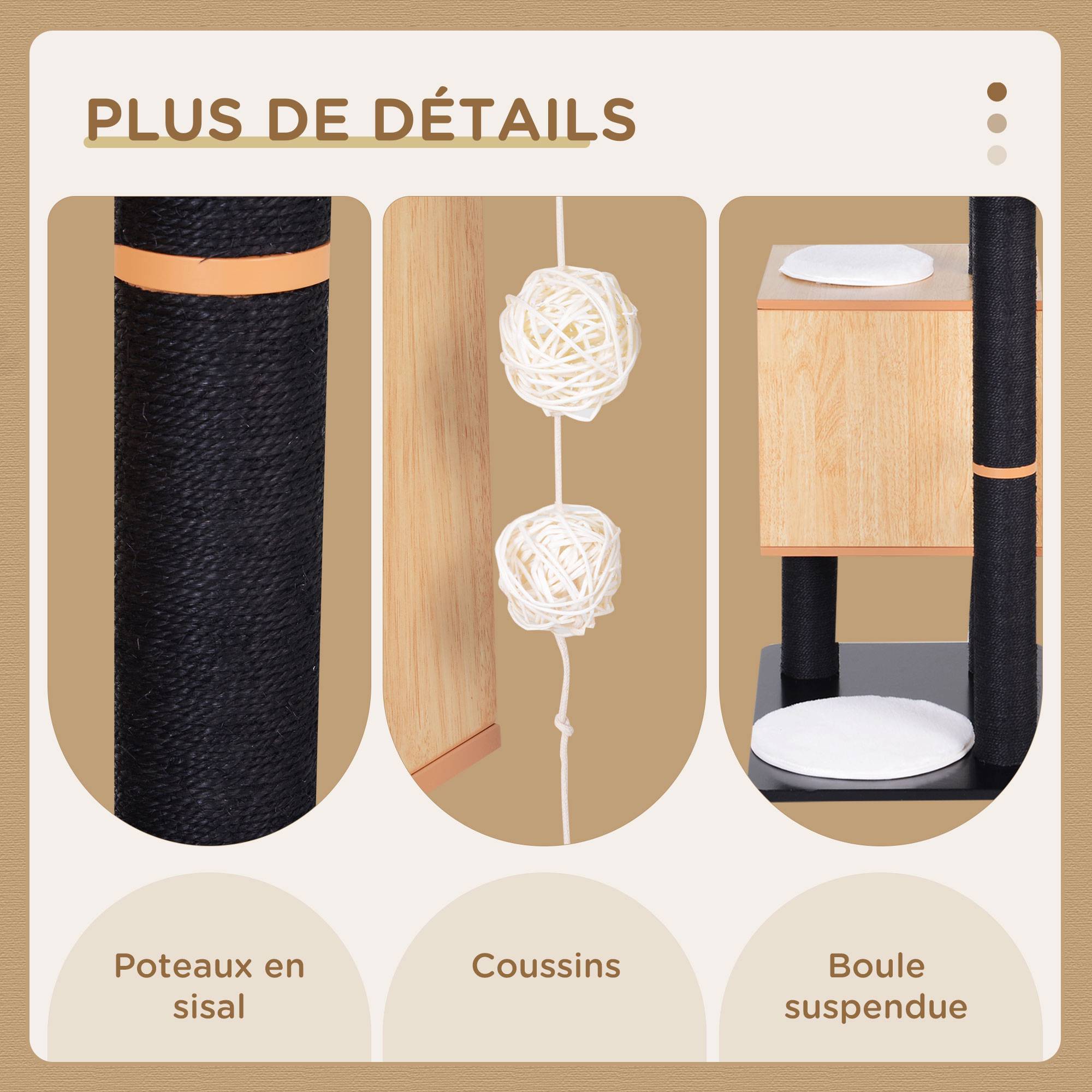 Sans Marque - Arbre à chats noir/hêtre,"Griffoirs sisal, niche, plateformes, boules suspendues, MDF, 71.5x49.5x120cm, noir/hêtre" - Image 7