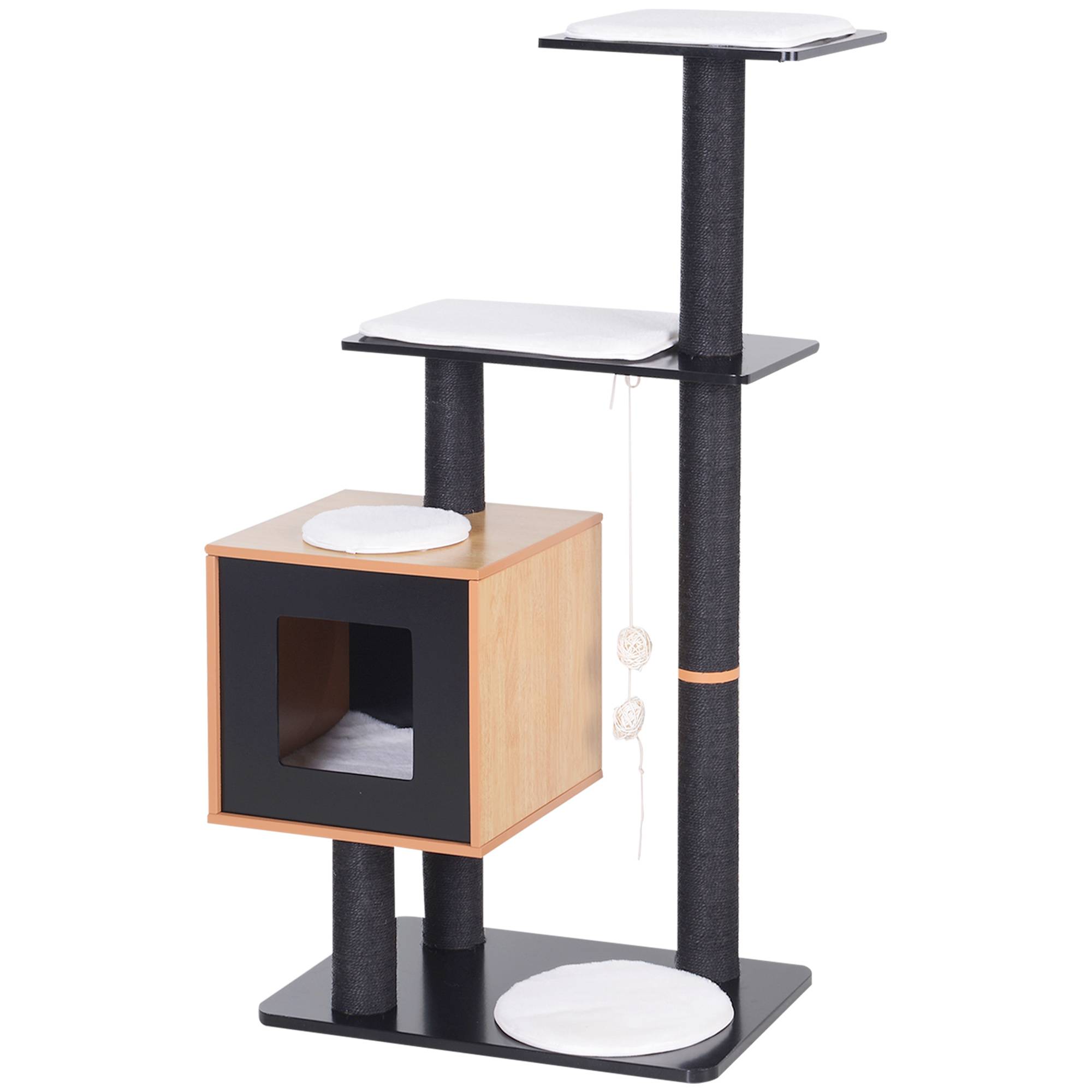 Sans Marque - Arbre à chats noir/hêtre,"Griffoirs sisal, niche, plateformes, boules suspendues, MDF, 71.5x49.5x120cm, noir/hêtre" - Image 2