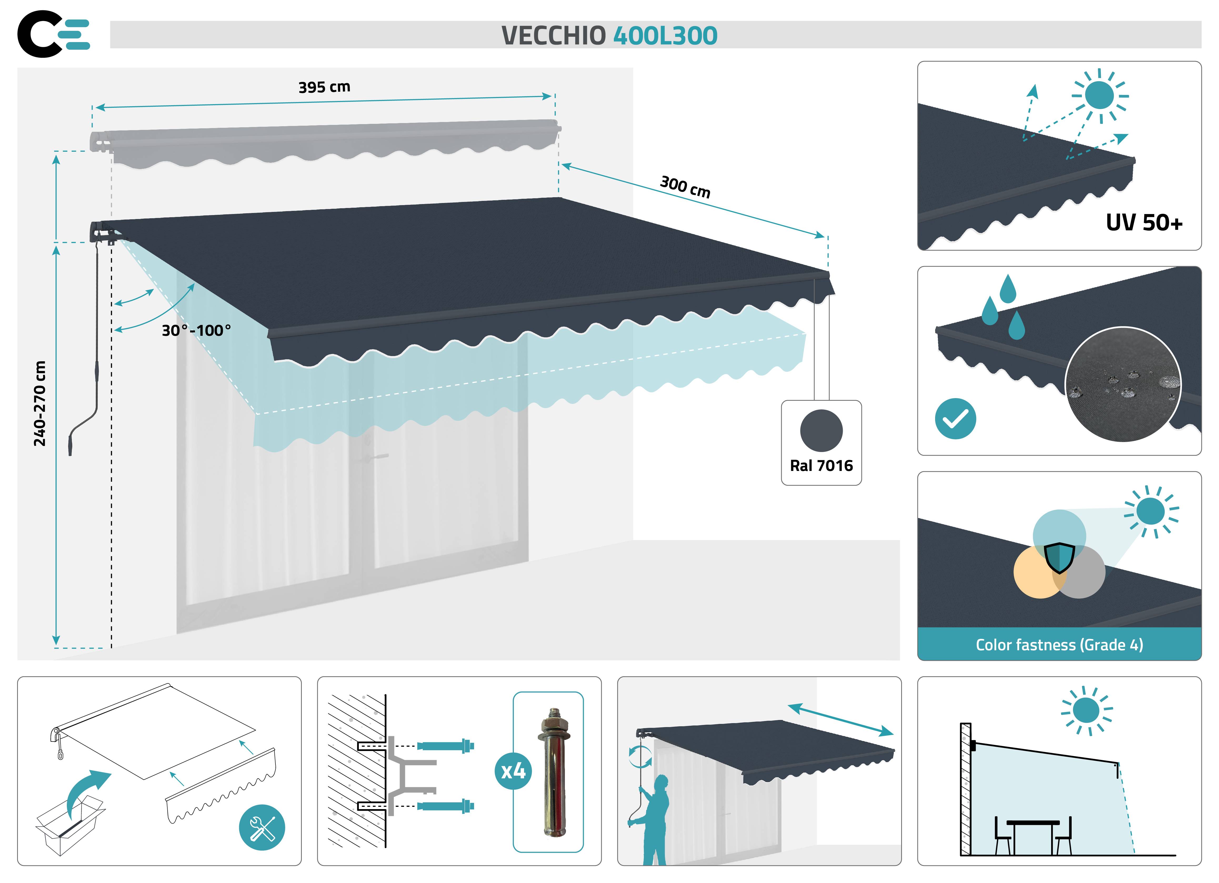 Cazeboo Store banne monobloc VECCHIO 4 m x 3 m - Toile premium 320g/m2 Gris - Image 2