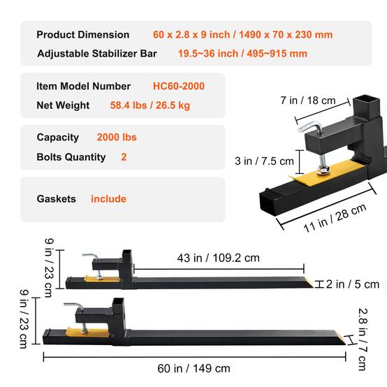 VEVOR Pinces fourches palette 1490x70x230 mm, charge 907 kg, lame 109 cm. Pour chargeur tracteur. - Image 7