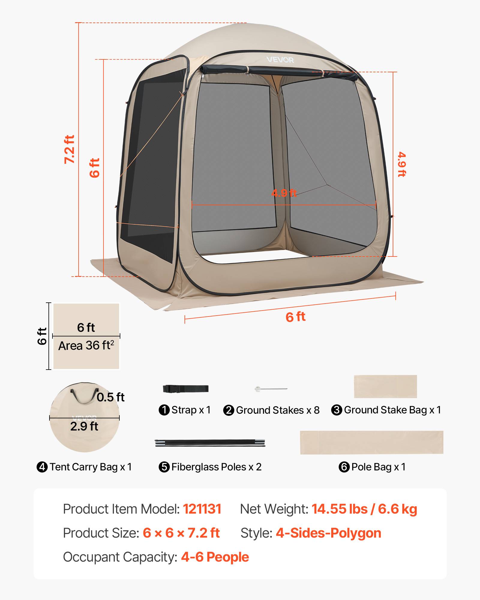 Vevor - VEVOR Tente Moustiquaire Pop-up 182,5x182,5x220 cm - Abri pliant 4-6 personnes, Oxford 300D, Beige, avec sac et piquets - Image 6