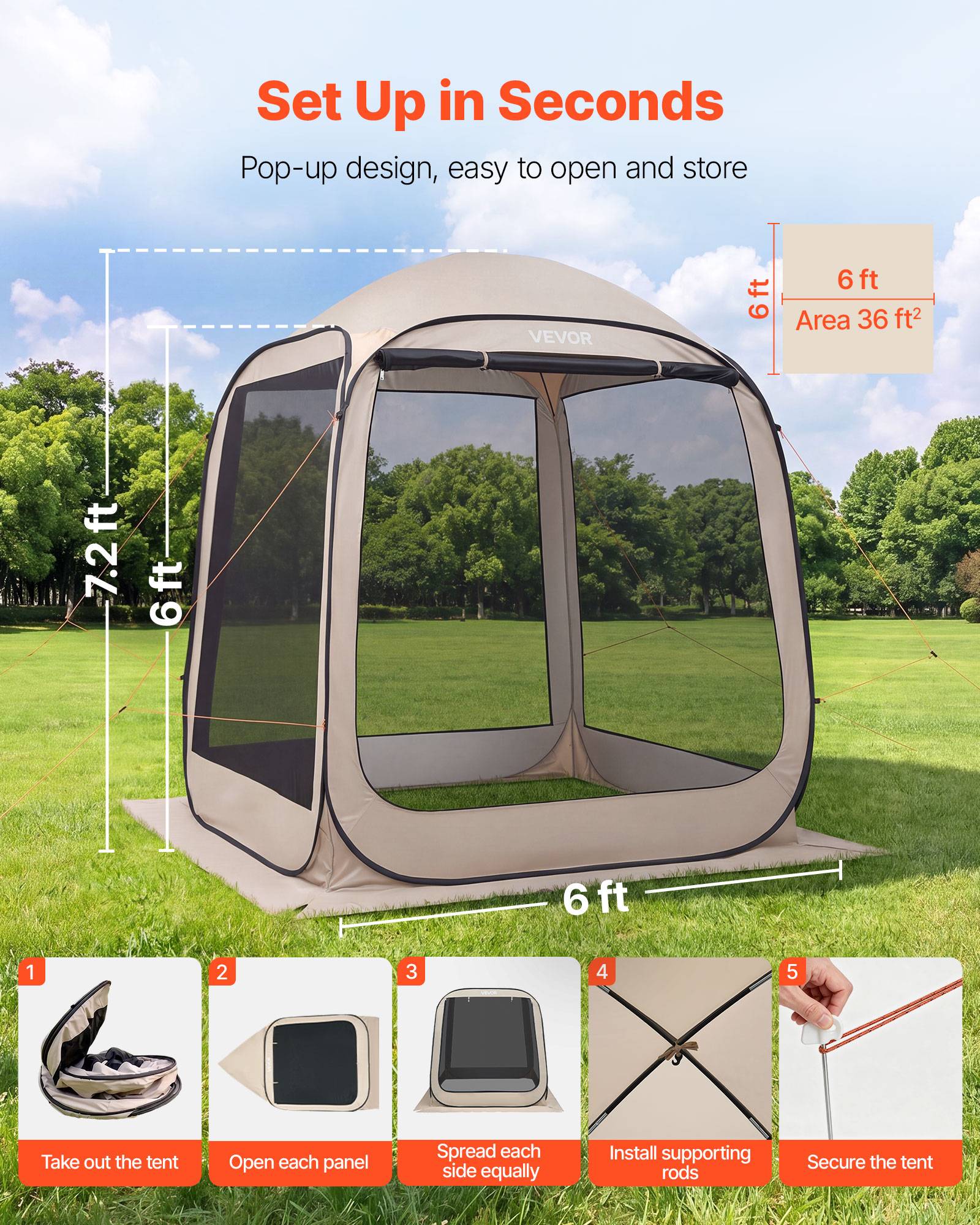 Vevor - VEVOR Tente Moustiquaire Pop-up 182,5x182,5x220 cm - Abri pliant 4-6 personnes, Oxford 300D, Beige, avec sac et piquets - Image 2