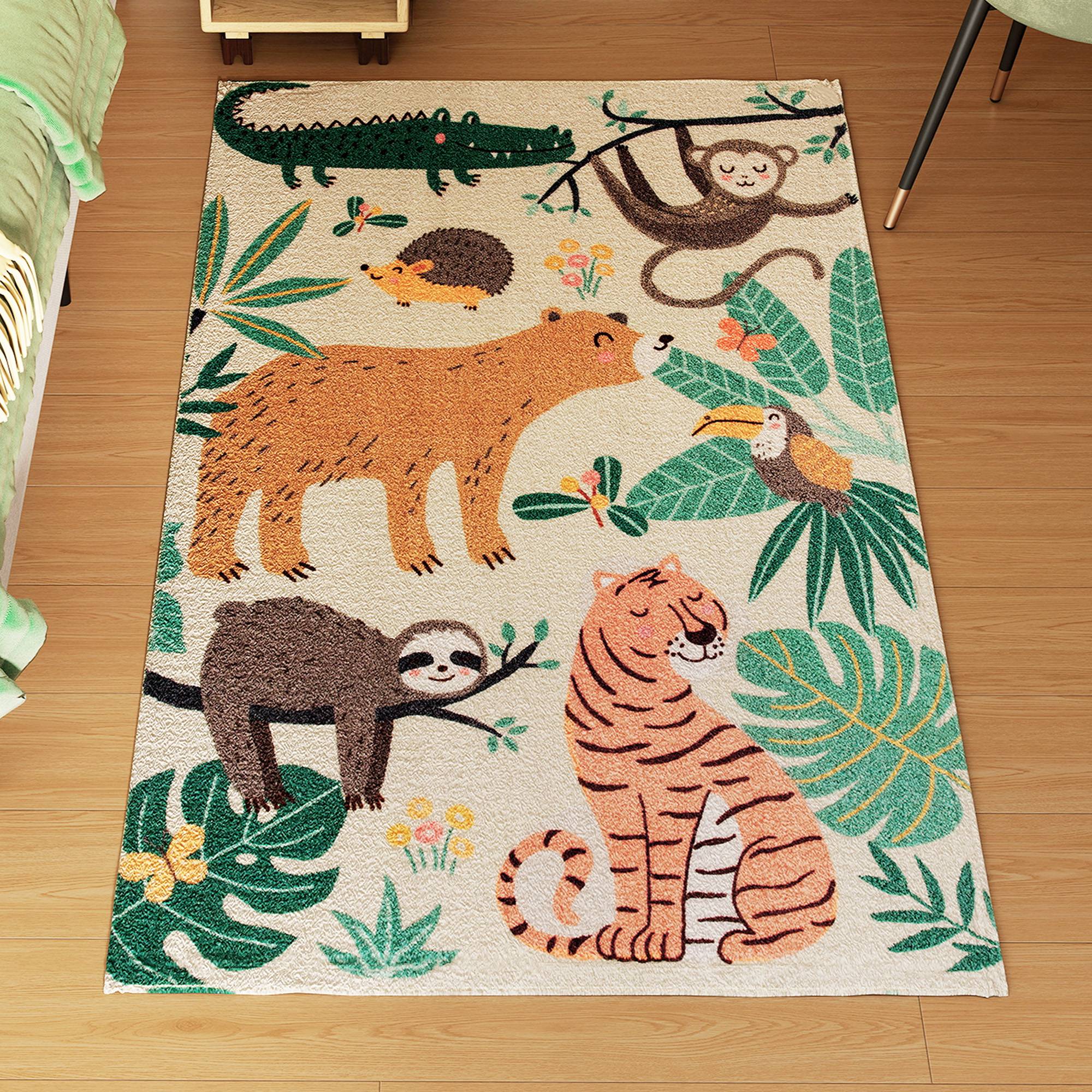 Sans Marque - Tapis polaire motif jungle facile entretien blanc crème multicolore
