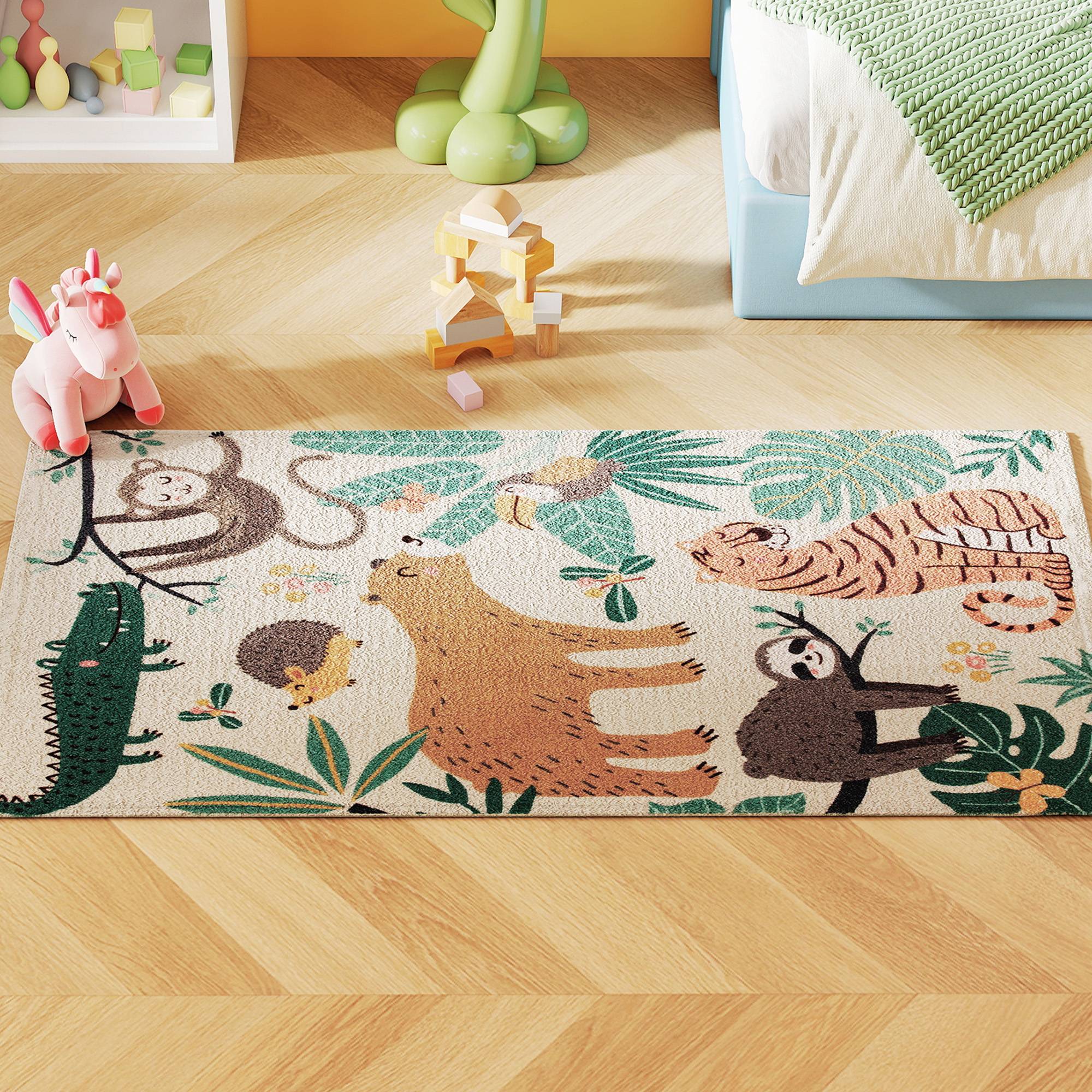 Sans Marque - Tapis polaire motif jungle facile entretien blanc crème multicolore - Image 2