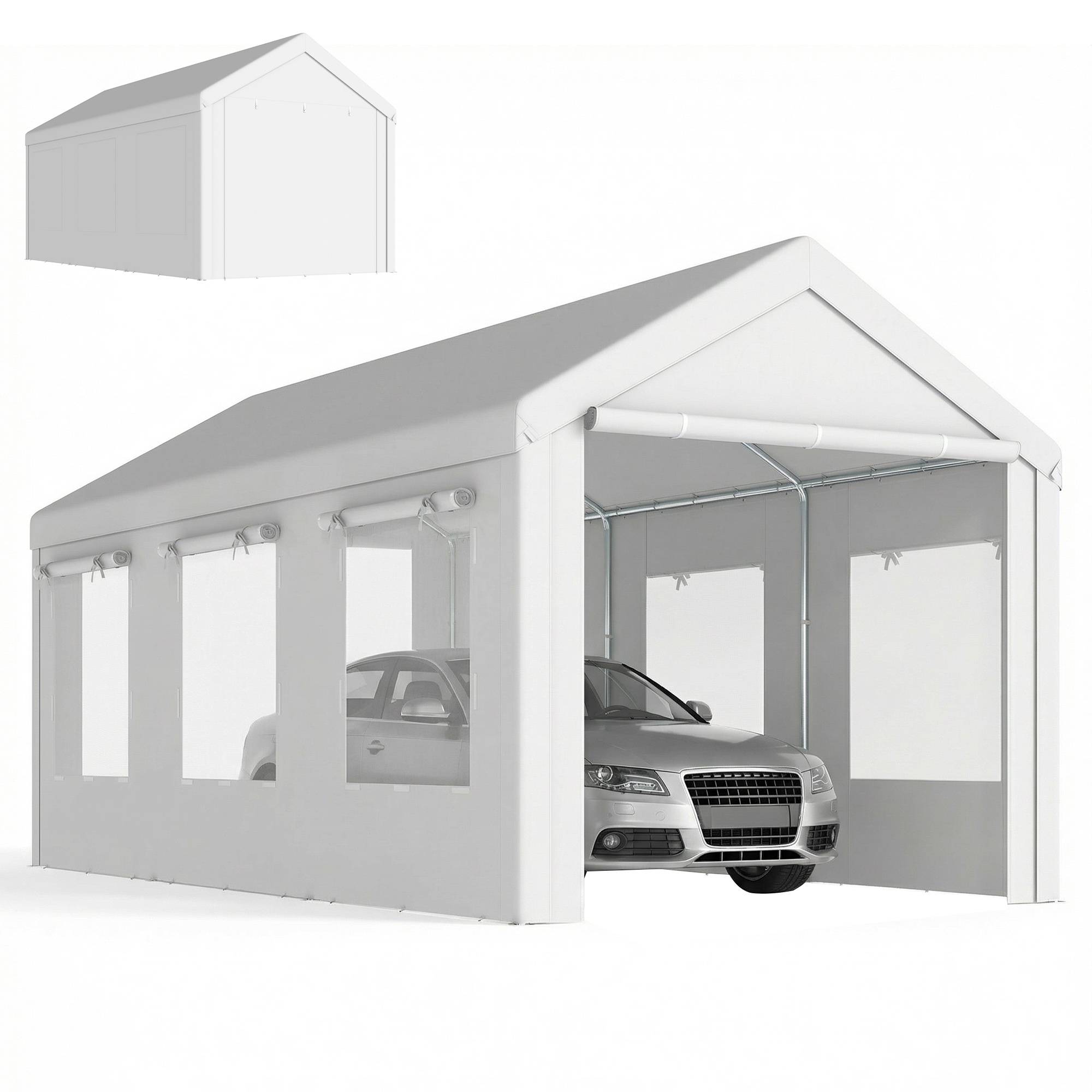 ComfortXL - Abri de voiture Acier et PE 3x6m Blanc Hauteur réglable Portes enroulables anti-UV - ComfortXL Outdoor Living - Image 1