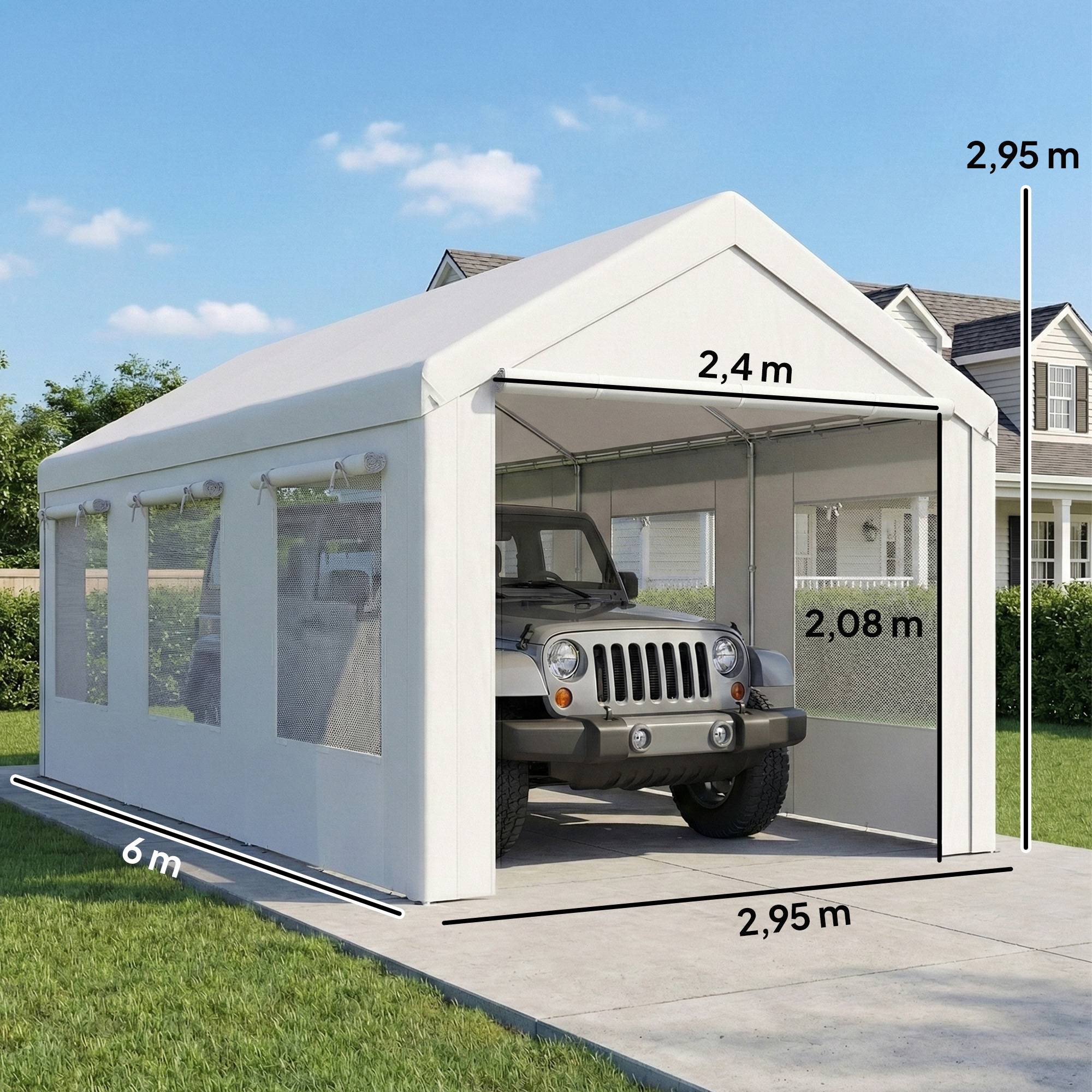 ComfortXL - Abri de voiture Acier et PE 3x6m Blanc Hauteur réglable Portes enroulables anti-UV - ComfortXL Outdoor Living - Image 5