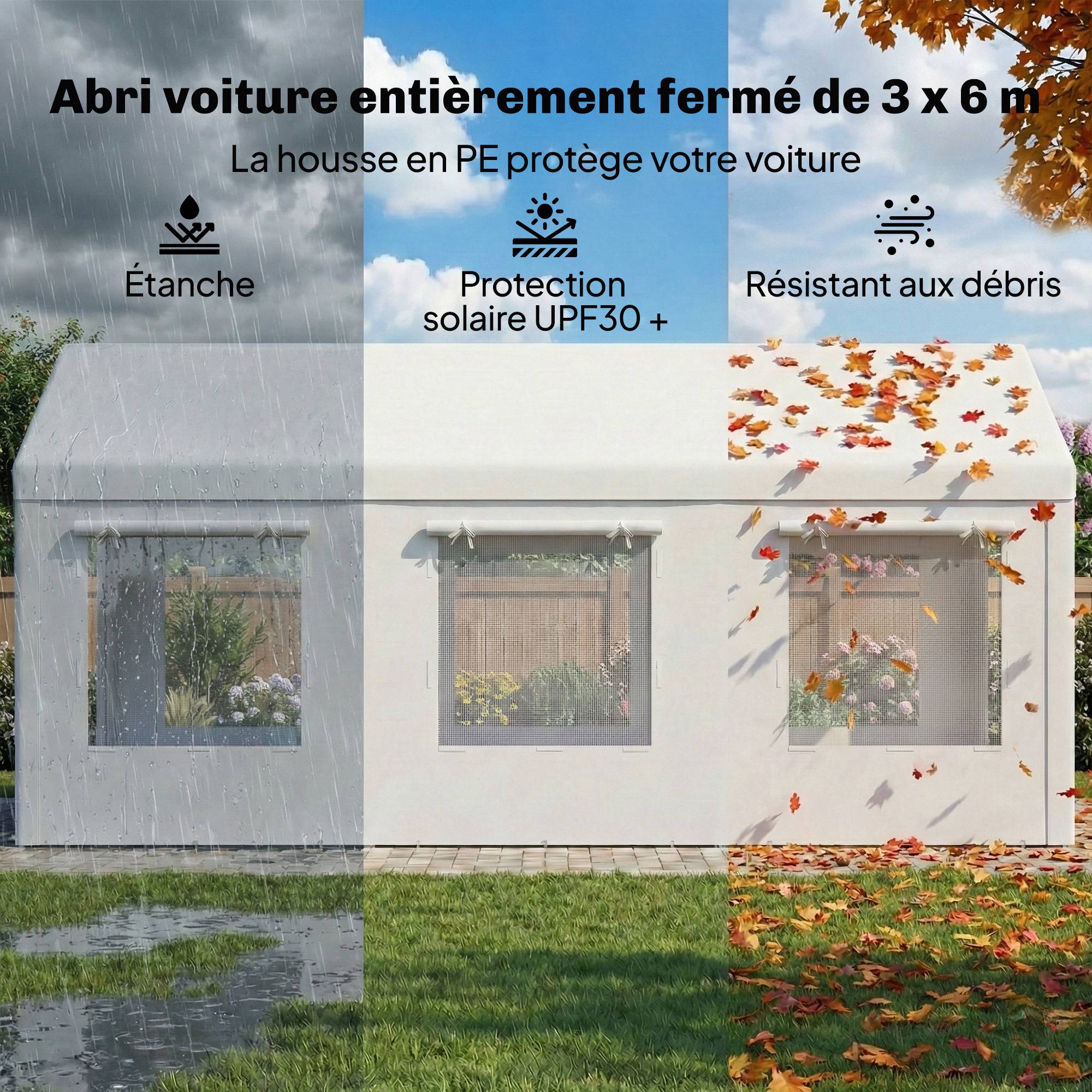 ComfortXL - Abri de voiture Acier et PE 3x6m Blanc Hauteur réglable Portes enroulables anti-UV - ComfortXL Outdoor Living - Image 7