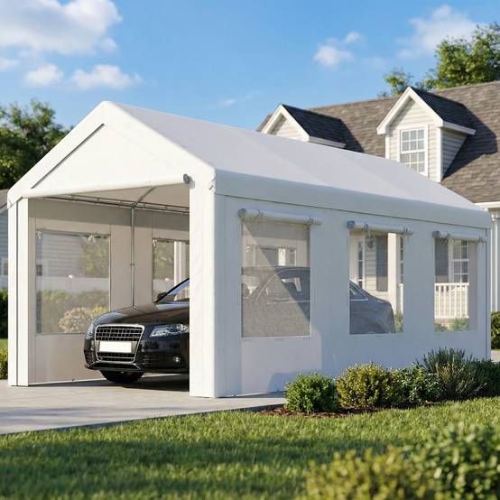ComfortXL - Abri de voiture Acier et PE 3x6m Blanc Hauteur réglable Portes enroulables anti-UV - ComfortXL Outdoor Living - Image 4