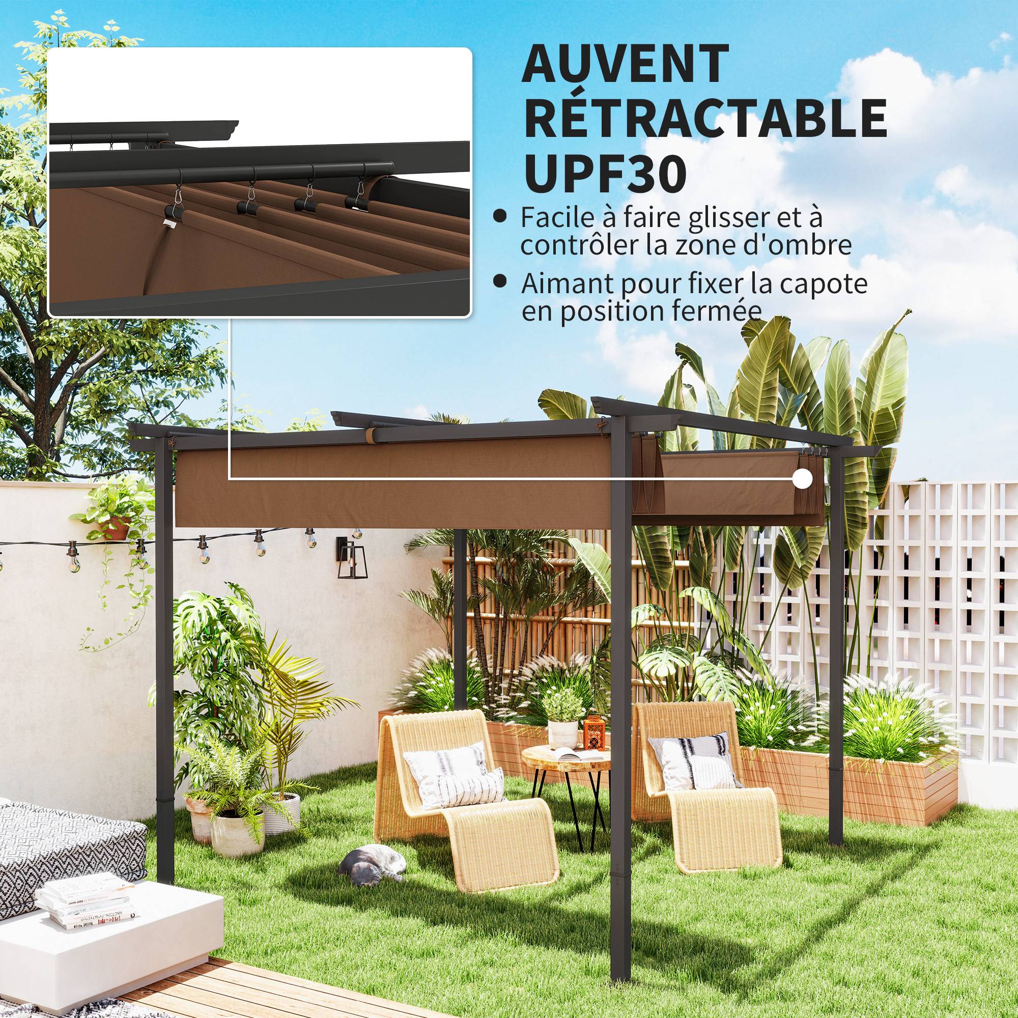 Outsunny - Pergola 3x3m coulissante rétractable tonnelle abri soleil UPF30+ polyester 180g/m² pour terrasse patio marron - OUTSUNNY - Image 5