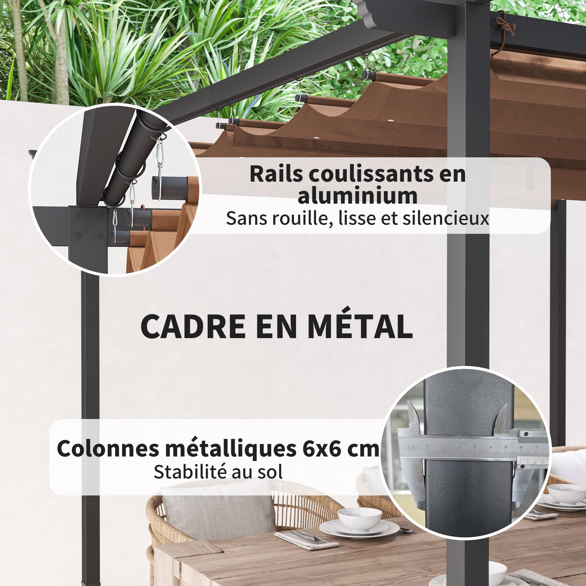 Outsunny - Pergola 3x3m coulissante rétractable tonnelle abri soleil UPF30+ polyester 180g/m² pour terrasse patio marron - OUTSUNNY - Image 6