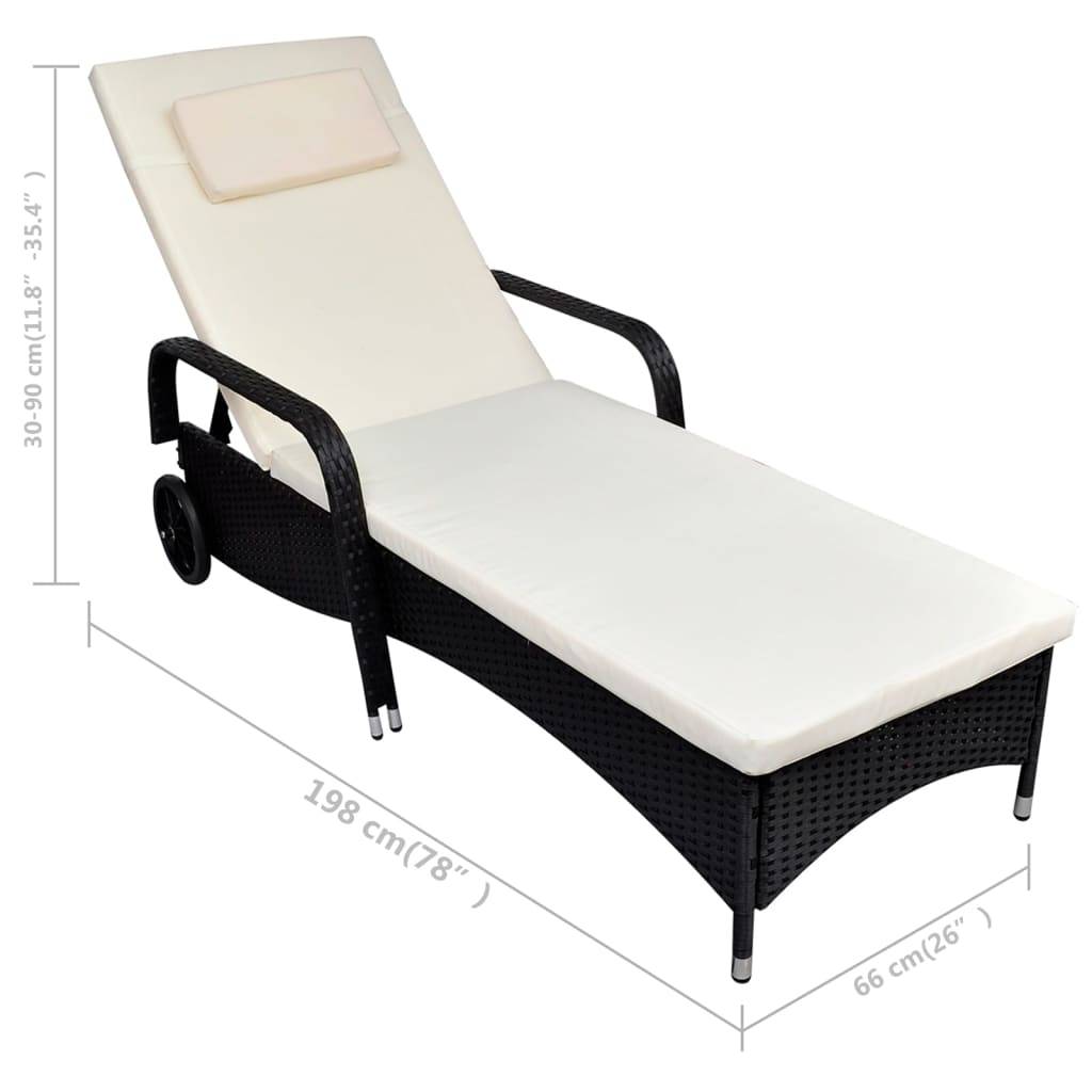 Helloshop26 - Transat chaise longue bain de soleil lit de jardin terrasse meuble d'extérieur avec coussin et roues résine tressée noir - Image 3