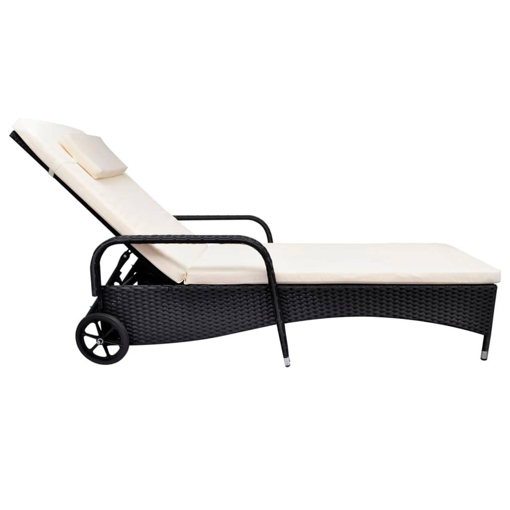 Helloshop26 - Transat chaise longue bain de soleil lit de jardin terrasse meuble d'extérieur avec coussin et roues résine tressée noir - Image 2