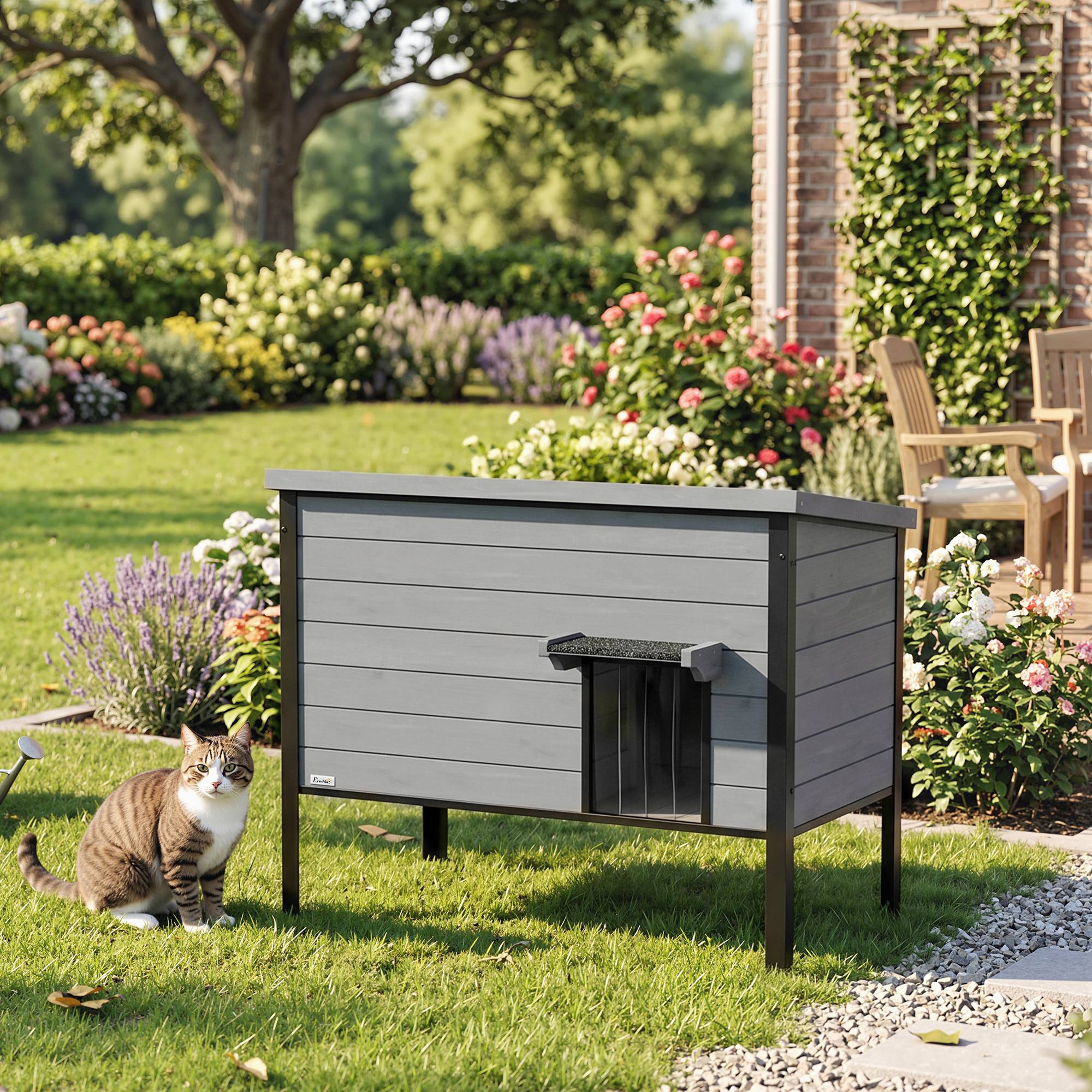 Sans Marque - Maison résistante intempéries toit ouvrant fond amovible entrée 1-2 chats jusqu'à 12kg 85x55x70cm Gris clair - Image 3