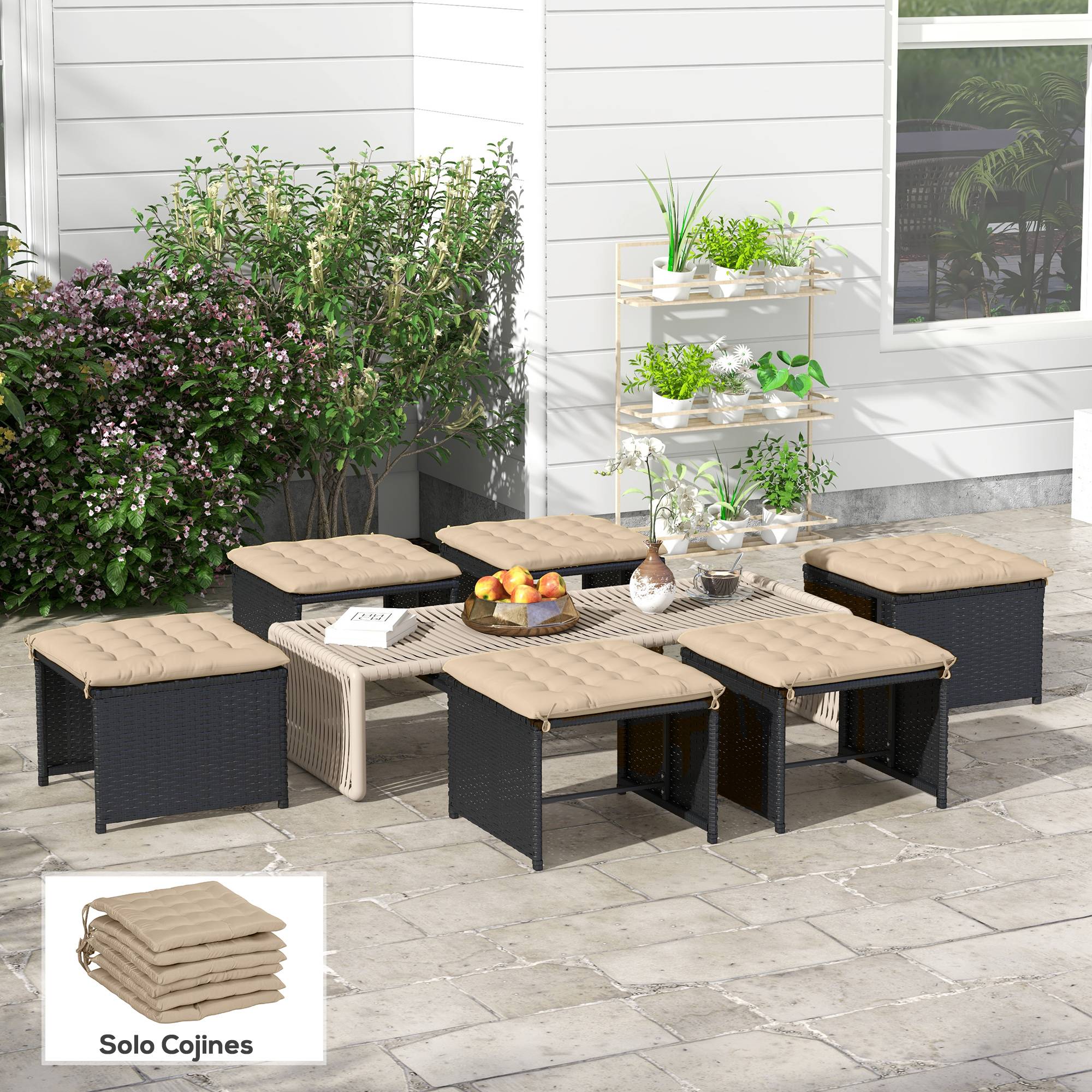 Lot de 6 coussins de chaise de jardin rembourrés 40x40 cm avec rubans kaki - Image 3